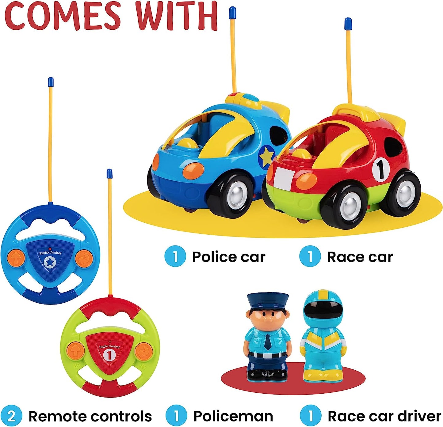 Remote Control Car for Toddlers, 2pk - Two Cartoon RC Cars: Police & Race Car - Birthday Gifts - Toddler Toys - Toys for 3-Year-Old Boys, 3-Year-Old Boy Gift, Car Toys for Boys 3-5 Years Old