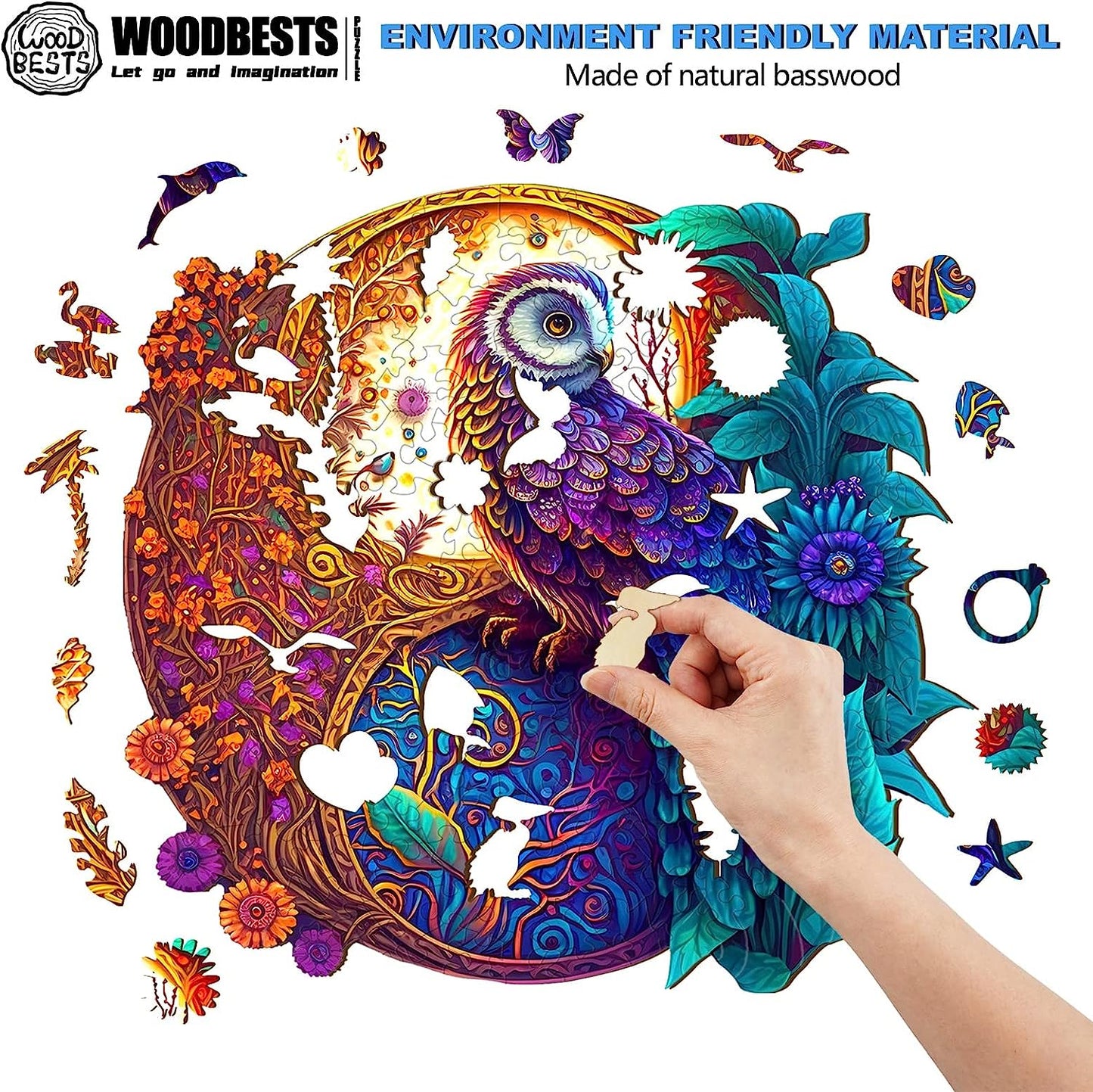 Wooden Puzzle for Adults, Yin Yang Owl Puzzle (L, 300pcs, 13.8"x13.8") Beautiful Wooden Box, Wooden Jigsaw Puzzles Unique Shape, Birthday Gifts for Adults and Kids Family Game