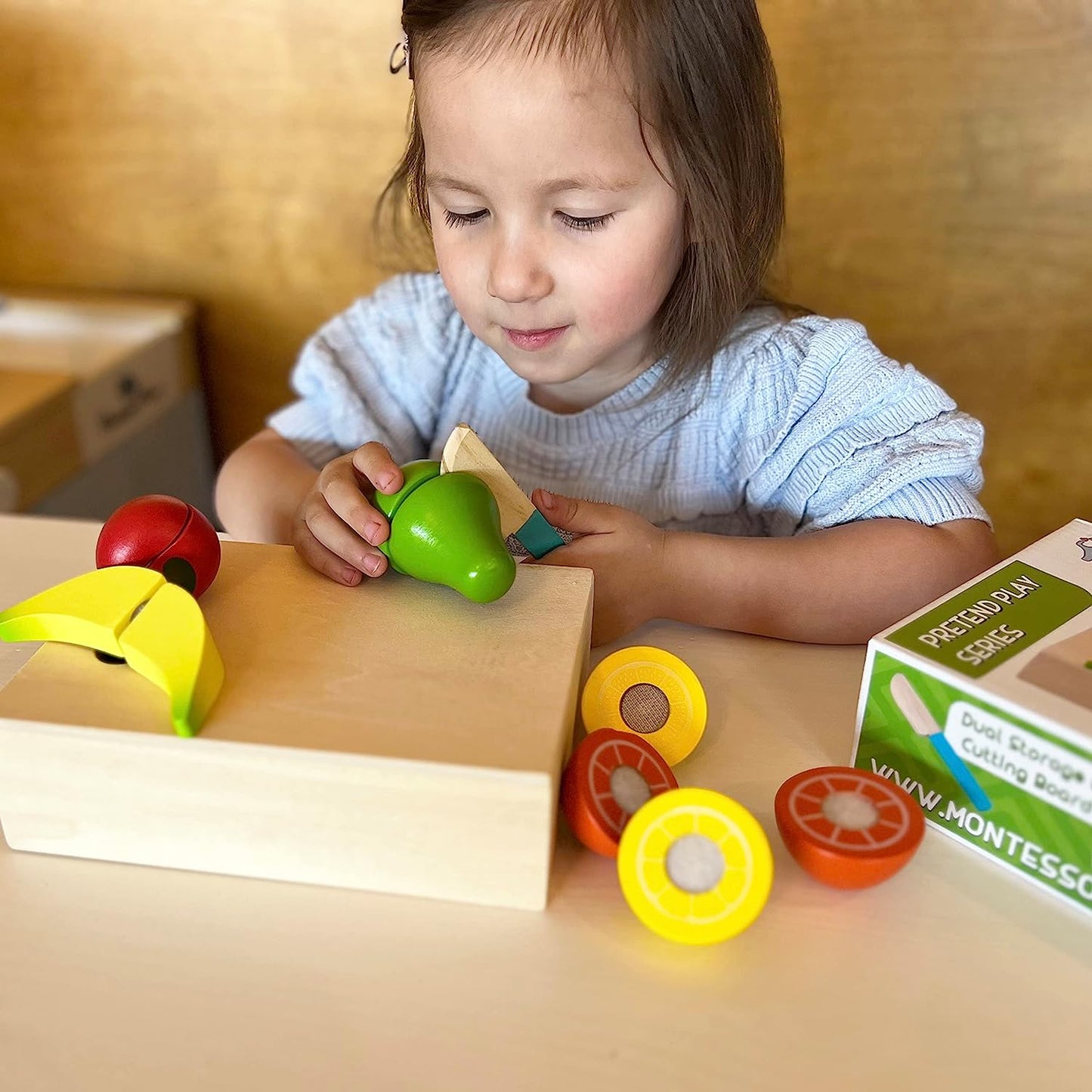 Wooden Cutting Fruit Set - Toy Food Velcro Fruit and Veggies for Kids with Dual-Use Storage Box-Cutting Board - Perfect Food Toys Pretend Cut Play Food Gift for Kids