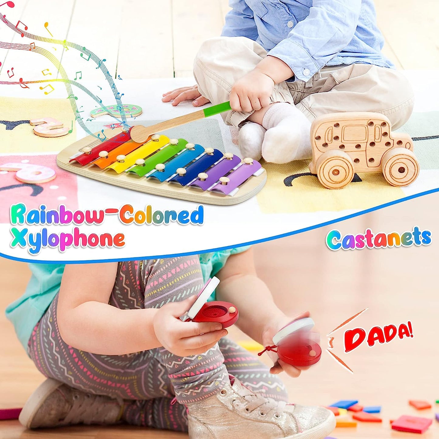 Kids Musical Instruments, 12pcs Wooden Musical Toys Including Xylophone Maracas Tambourine, Educational Preschool Sensory Toys for Toddlers Birthday Gift for 2 3 4 5 Years Old Girls Boys