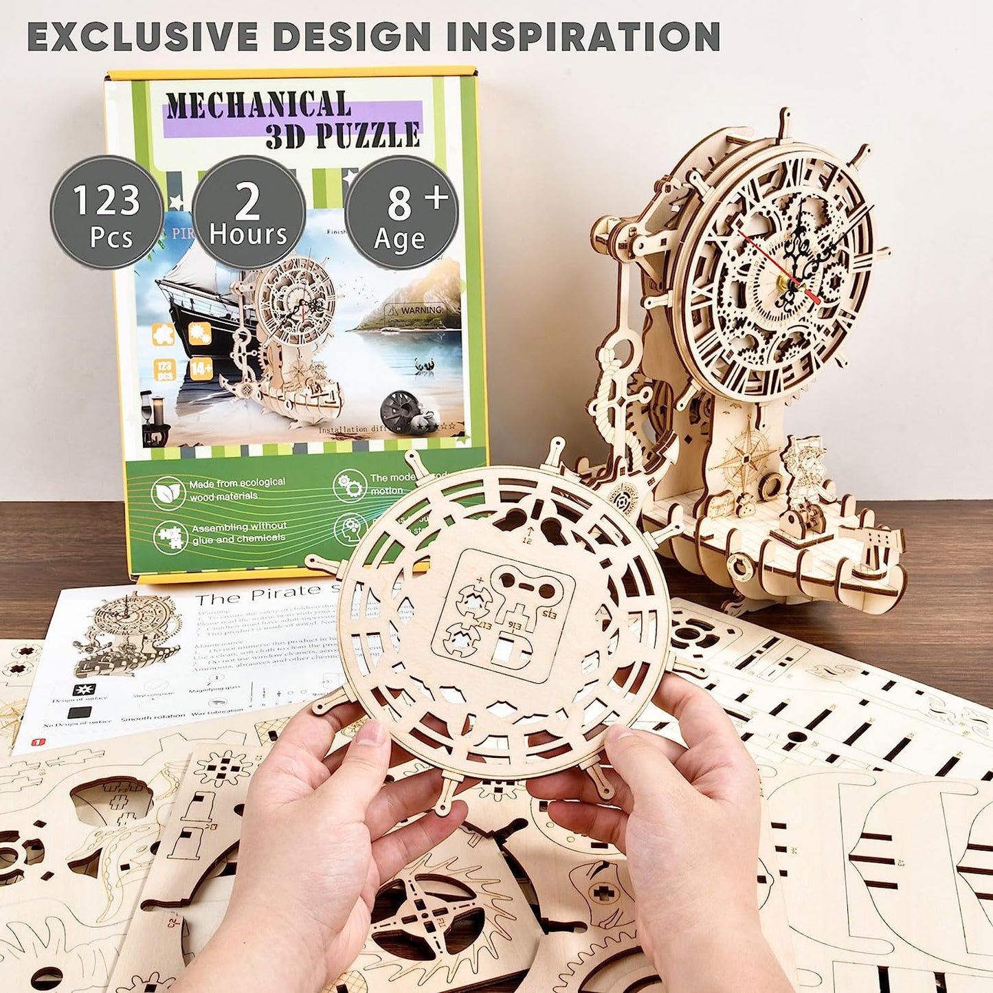 Pirate Ship Clock 3D Wooden Puzzles for Adults, Wooden Models for Adults to Build DIY 3D Puzzle Mechanical Clock Kit, Clock Making Kits Gift for Adults and Kids
