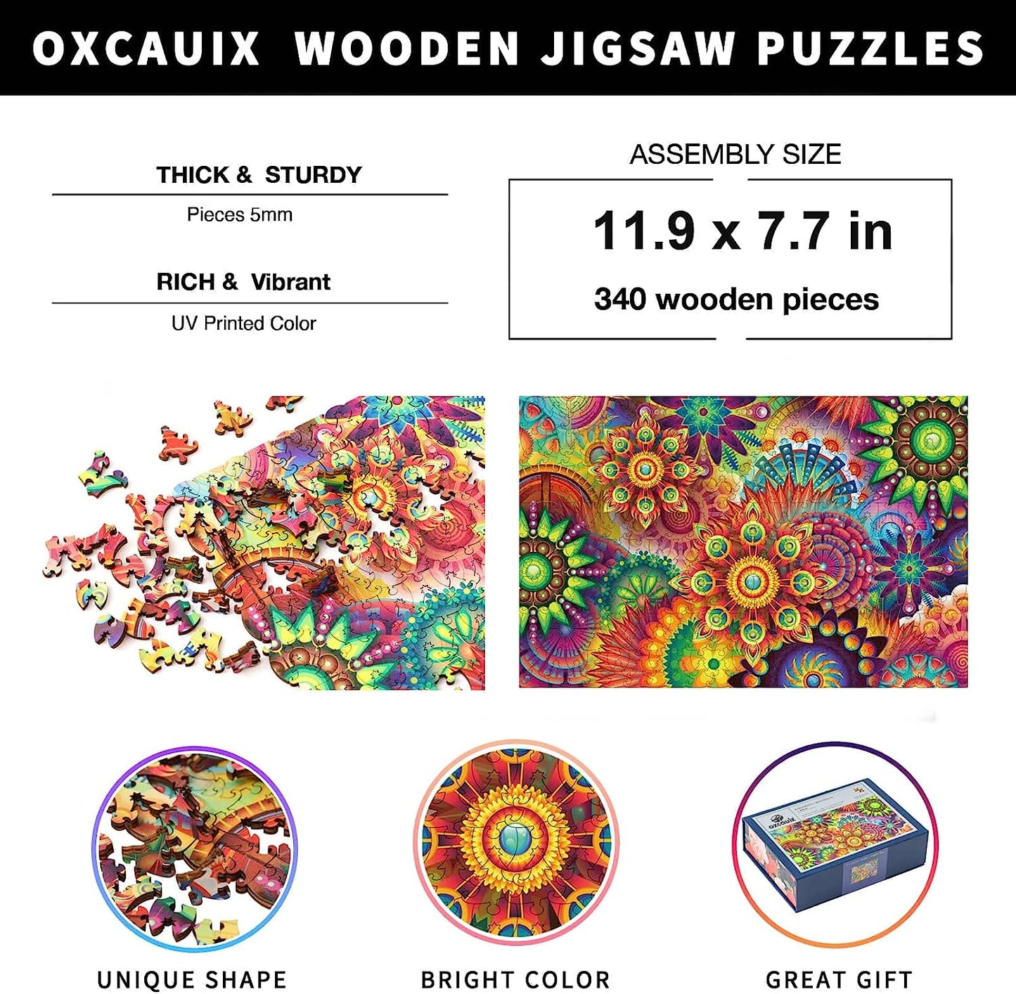 Wooden Jigsaw Puzzles for Adults - Colorful Mandala Flower 340 Pieces Wood Puzzle, Extra Difficulty, 7.7"x11.9", Beautiful Gift Packaging