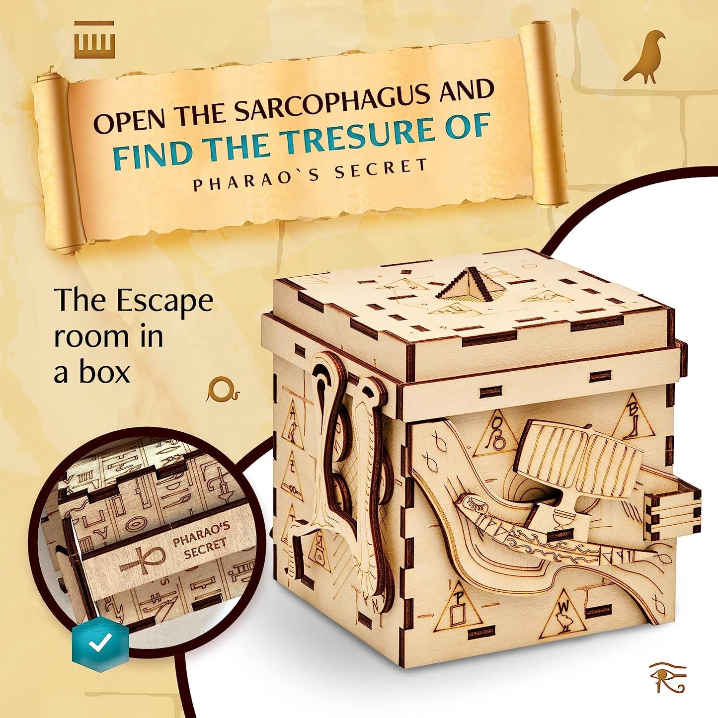 Pharaoh´s Secret Puzzle Box - Escape Room in A Box for Adults - Cluebox - Mind Puzzles for Adults - Puzzle Boxes with Hidden Compar ents - Puzzle Boxes for Adults - Wooden Puzzle Box