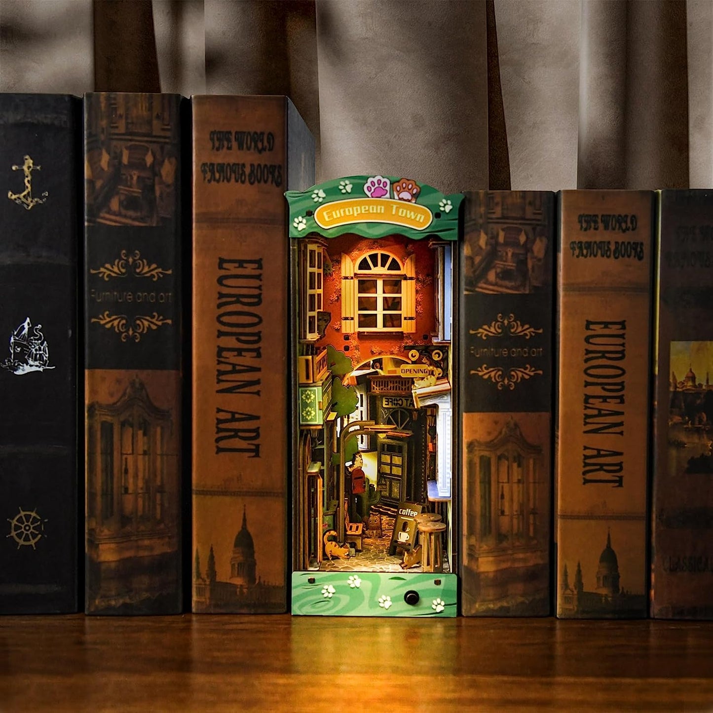 DIY Book Nook Kit 3D Wooden Puzzle, DIY BookNook Bookshelf Insert Decor with LED Model Building Kits, Bookend Diorama Miniature Kit Gifts for Adults&Teens (Cat Street Gallery)