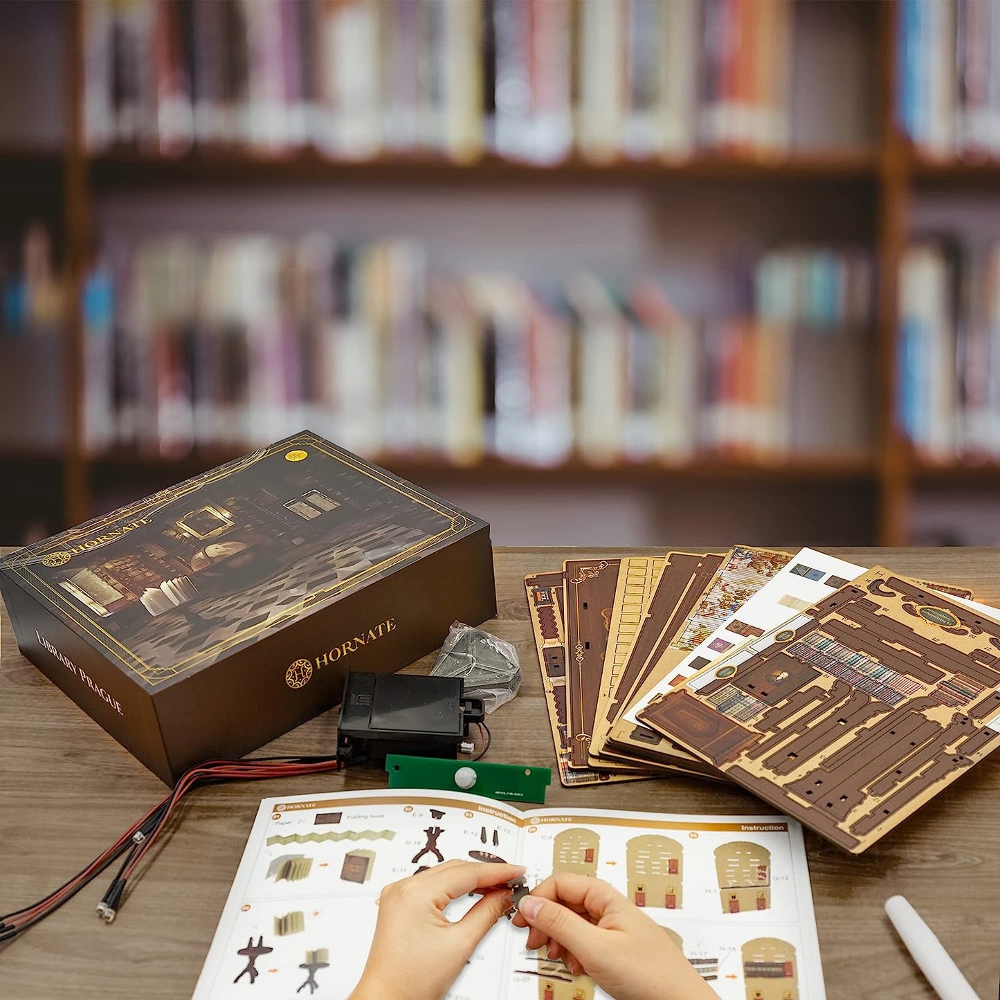 Book Nook Miniature Kit with Led Light and Body Sensor | DIY Book Nook kit Decor for Adults | 3D Wooden Puzzle bookend - Eternal Book Store Book Nook - 201pcs (Library) -