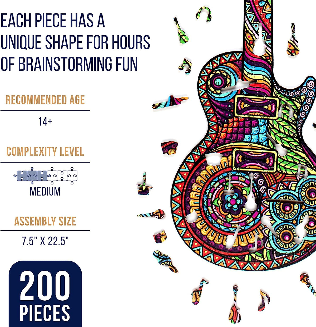 200 Pcs Guitar-Shaped Wooden Jigsaw Puzzle for Adults - 7.5 x 22.5 Inches Wood Cut Puzzle Box with 24 Uniquely-Shaped Pieces – Challenging Unique Shaped Jigsaw Puzzle