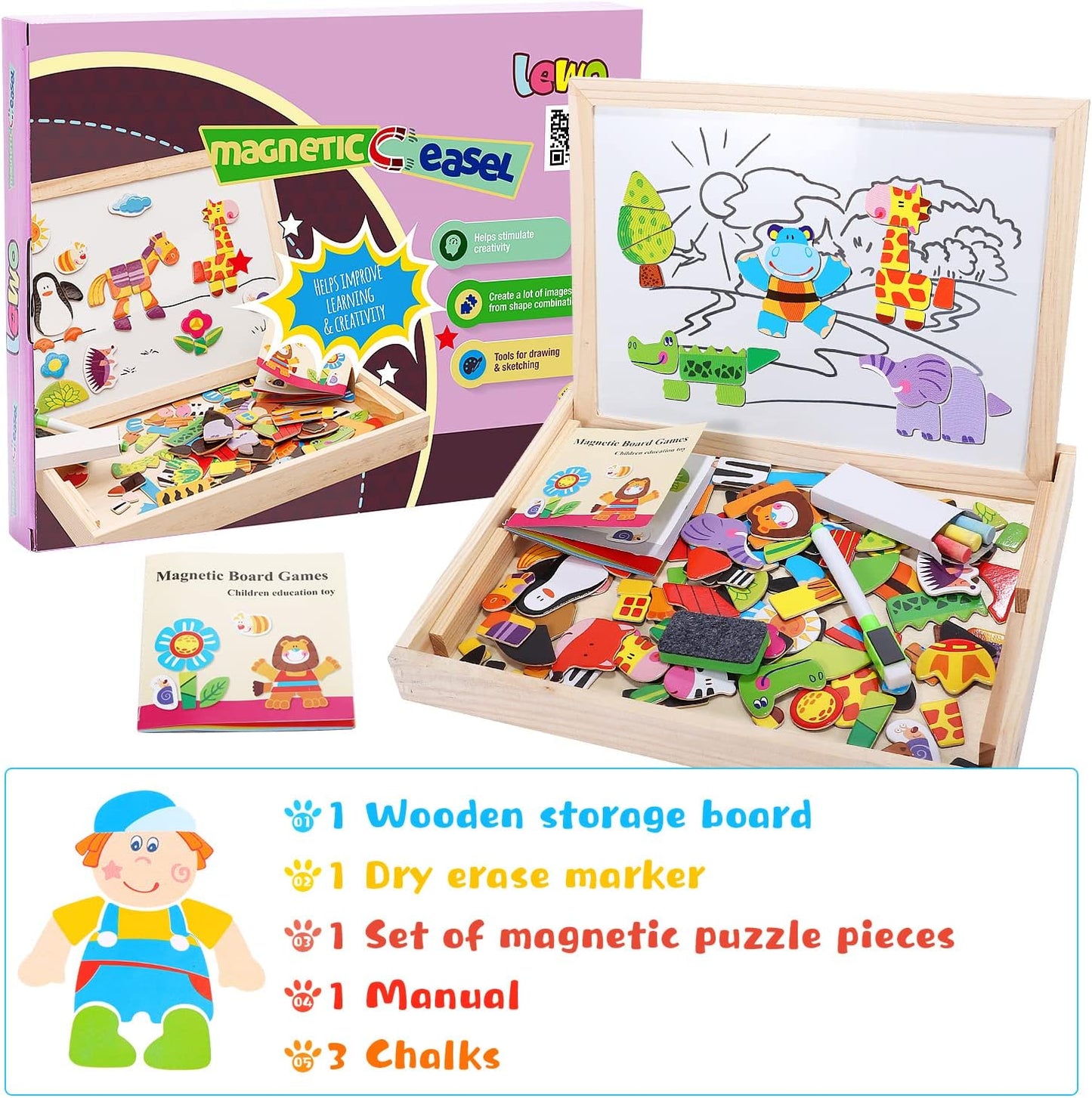 Wooden Educational Toys Magnetic Art Easel Animals Wooden Puzzles Games for Kids