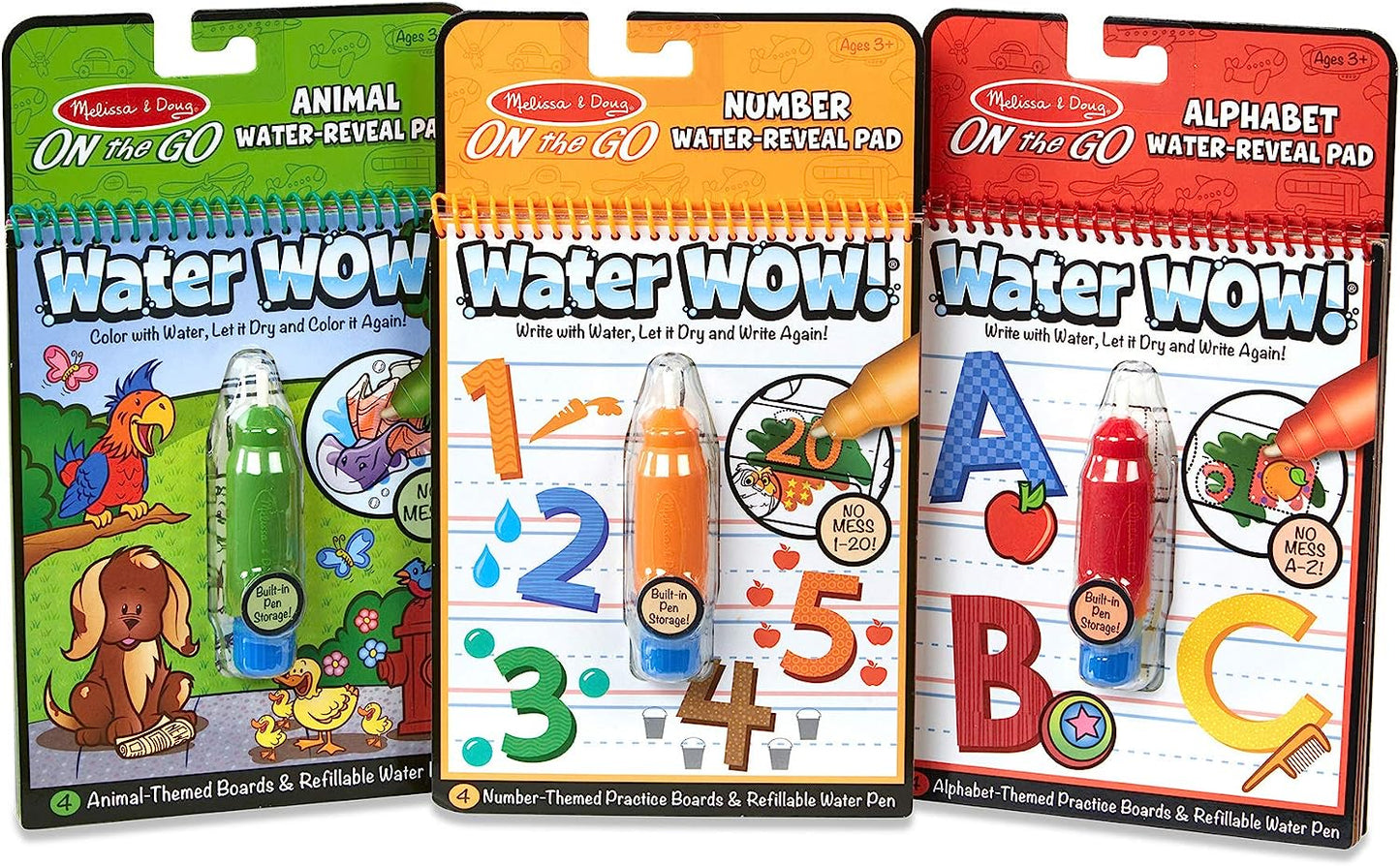 On The Go Water Wow! Reusable Water-Reveal Activity Pads, 3-pk, Animals, Alphabet, Numbers & Primary Lacing Beads - Educational Toy with 30 Wooden Beads and 2 Laces