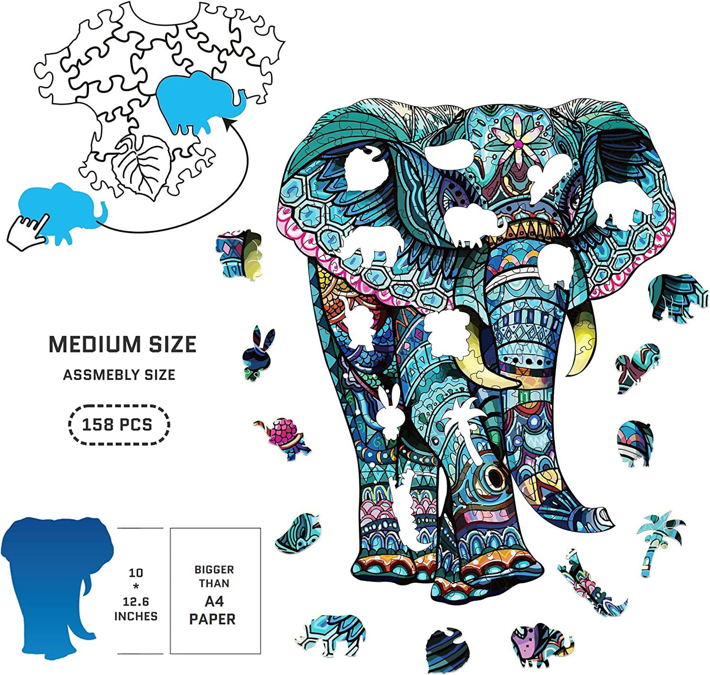 LittleFox Wooden Jigsaw Puzzles Set(Updated Design, 10 x12.6 in, 158 pcs, Set with Wall Mounting Kits for Decoration, Unique Animal Shape,Best Gift for Teens and Adults(Elephant)