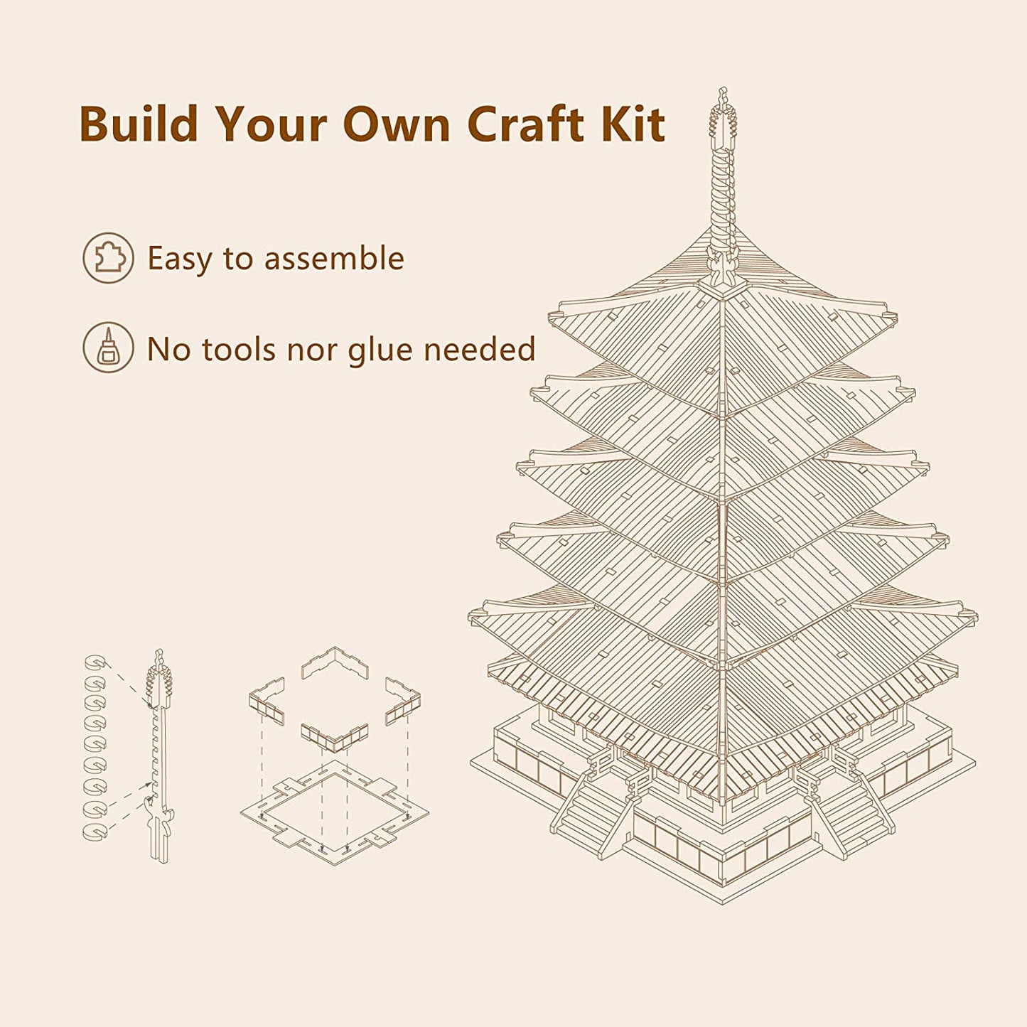 3D Puzzle Wooden Craft Kits for Adults DIY Model Building Kit Best Gift for Kids (Five-Storied Pagoda)