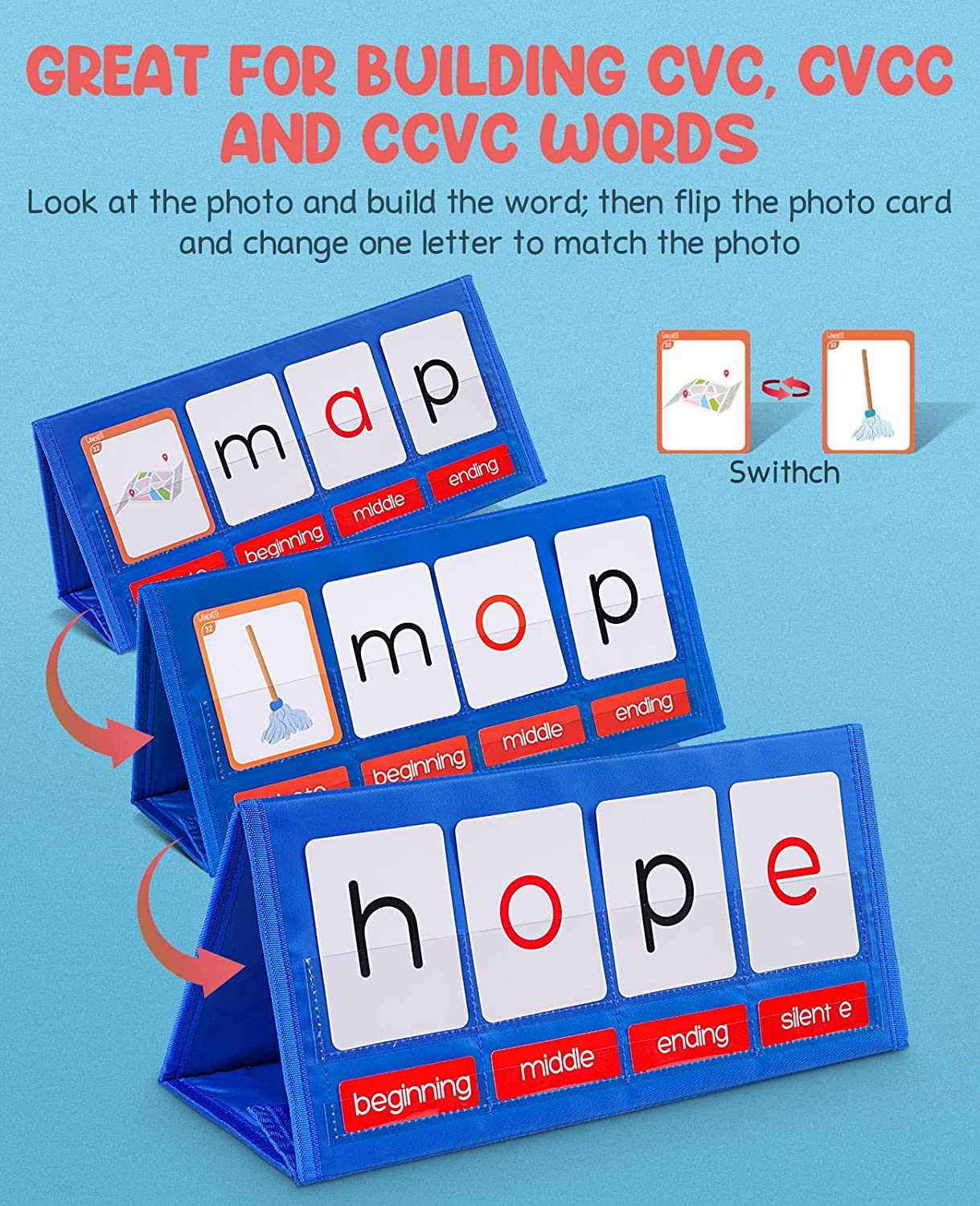 Word Building Desktop Pocket Chart Tent Cards Kit - CVC Words Phonics Games Blending Board for Kindergarten Reading and Spelling