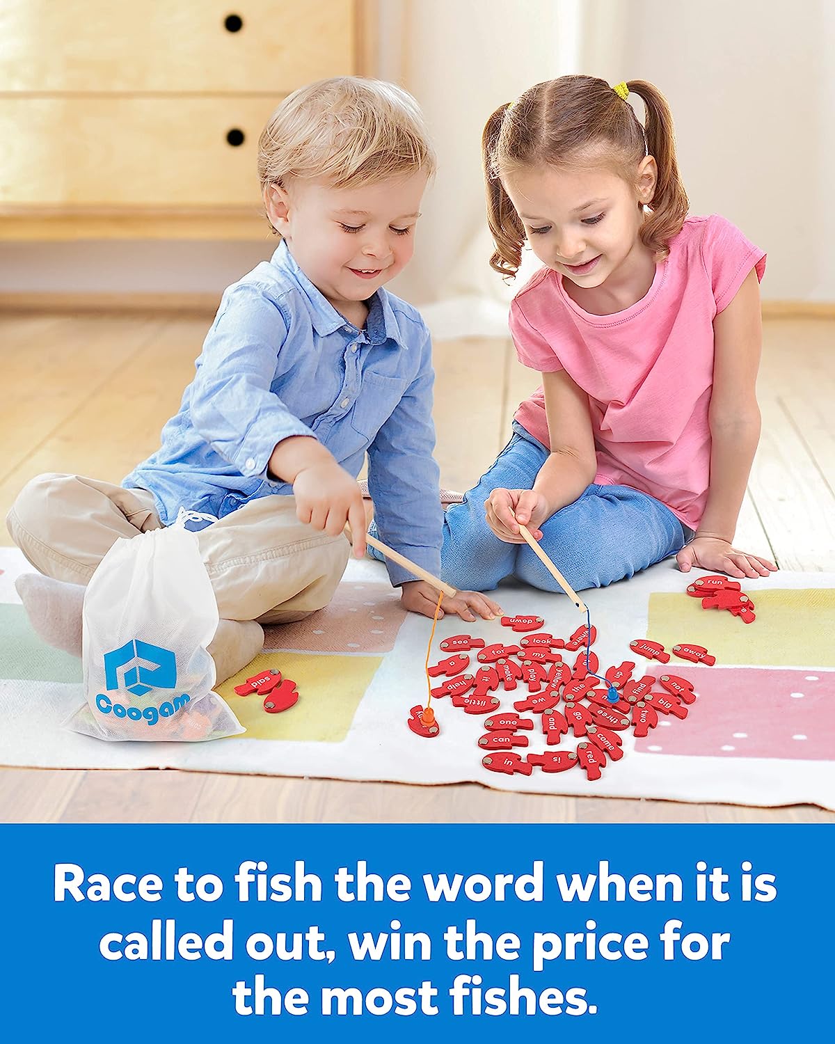 Wooden Magnetic Fishing Sight Words Game Learning Dolch Word Flashcards Educational Toy for Preschool 3 4 5 Year Old Kids