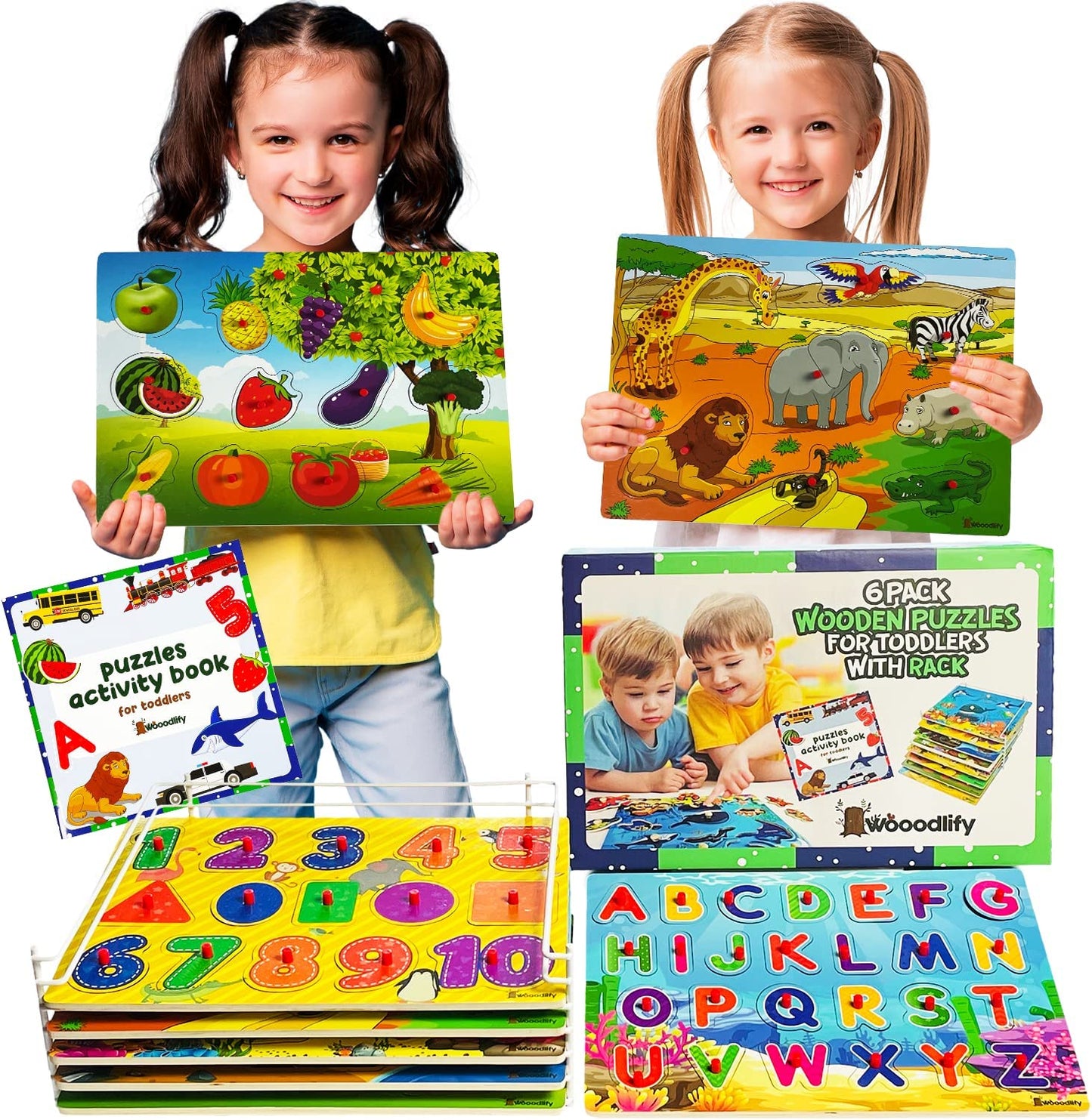 Wooden Puzzles for Toddlers 1-3 with Rack - 6 Pack Wooden Peg Puzzles and Storage Holder - Educational Learning Puzzles for Kids Ages 2-4 Boys and Girls - Alphabet Number Animal Vehicle Fruit Shape