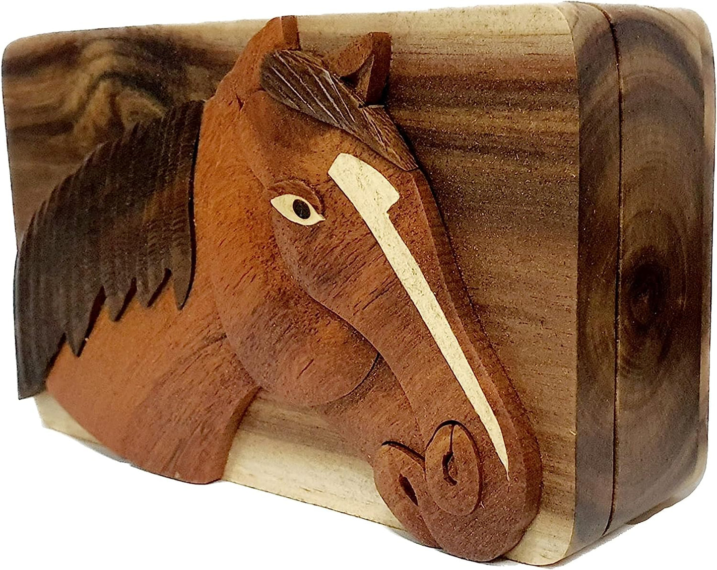 Horse Head Stables hand-carved puzzle box with No Paints! No Stains! Hidden felt lined interior that hides jewelry, gift cards, or money. No two will ever be identical! Pet Carvers