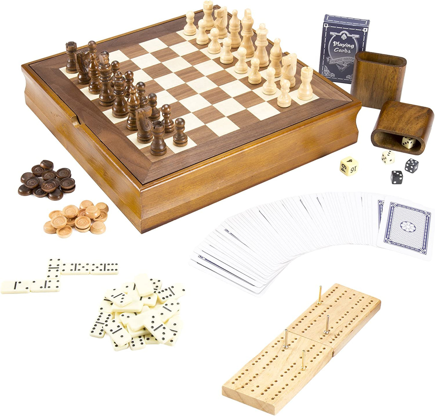 7-in-1 Classic Wooden Board Game Set – Old Fashioned Family Game Night Cards, Dice, Chess, Checkers, Backgammon, Dominoes and Cribbage (12-HY2691)