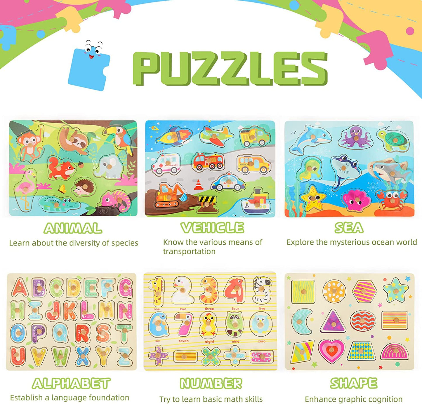 Toddler Puzzles and Rack Set, 6-PCS Wooden Peg Puzzle with Holder & Teaching Clock, Educational Puzzles for Kids Ages 1 2 3 4 5 Year Girl Gifts - Alphabet Number Shape Animal Vehicle Sea