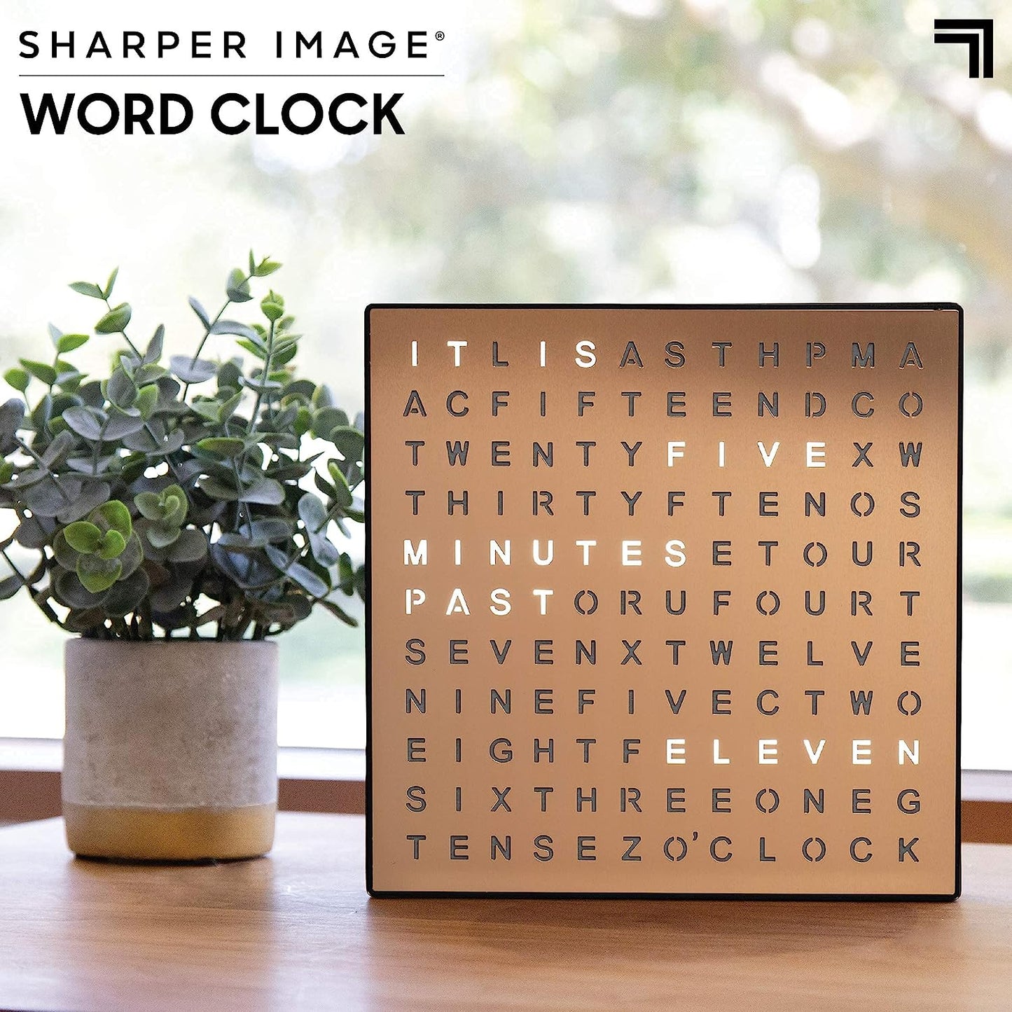 LED Light-Up Word Clock, 7.75" Modern Design, Electronic Accent Wall or Desk Clock, USB Cord & Power Adapter, Unique Contemporary Home & Office Decor, Easy Setup, Housewarming Gift