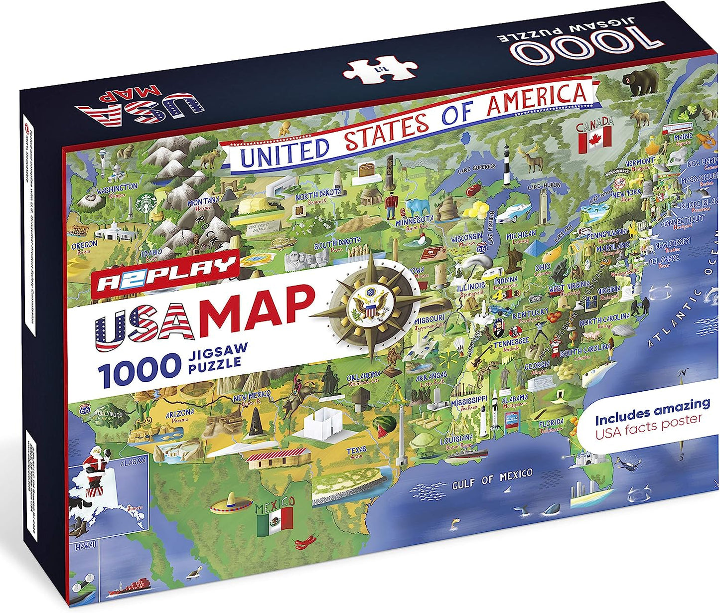 USA Map Puzzle 1000 Piece for Adults, United States of America, Patriotic Jigsaw Puzzle & Bonus Fact Poster by , Premium Materials, 27.5 x 19.7 in