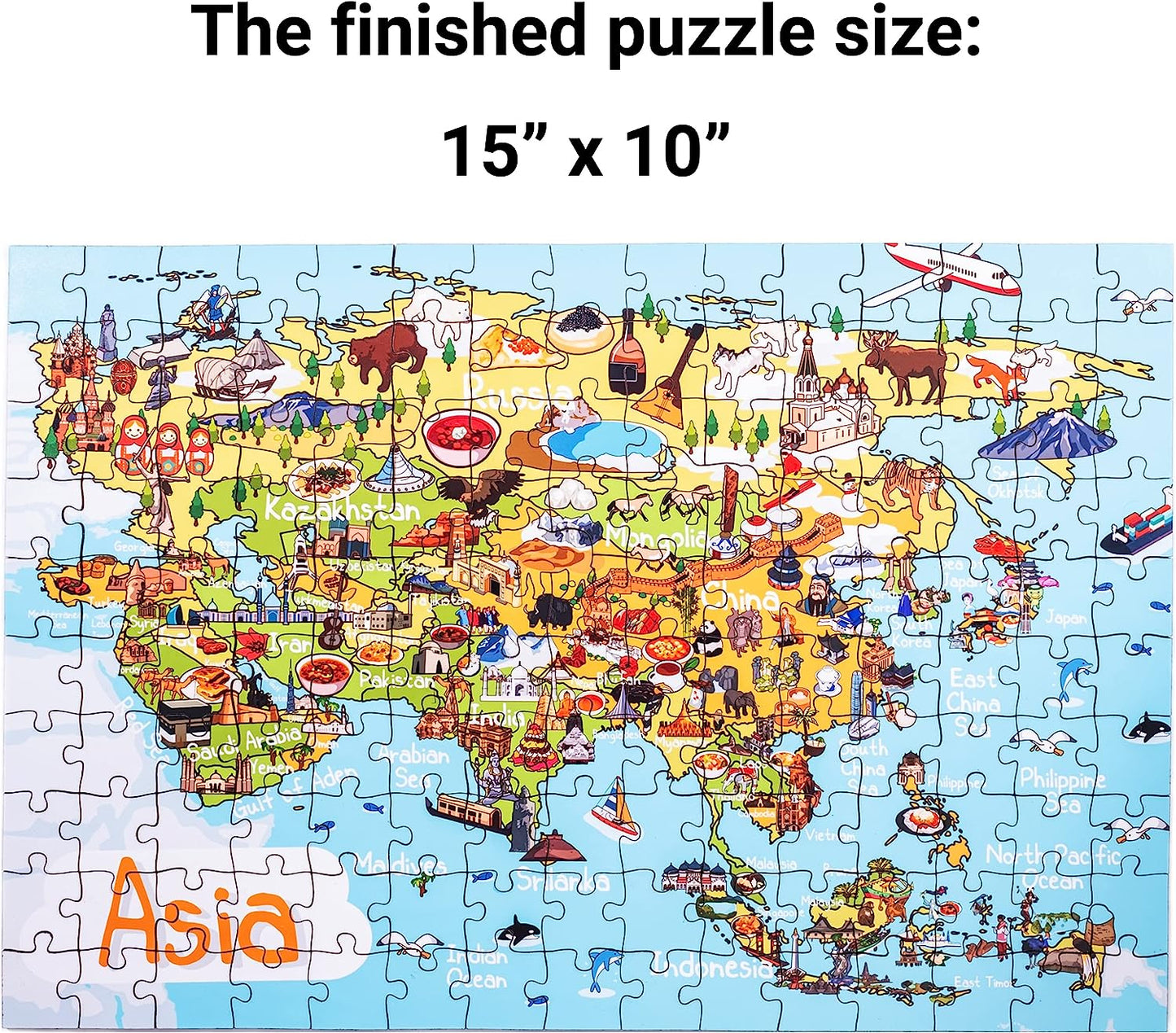 Asia Map Wooden Jigsaw Puzzle 152 Piece, 15x10 inches