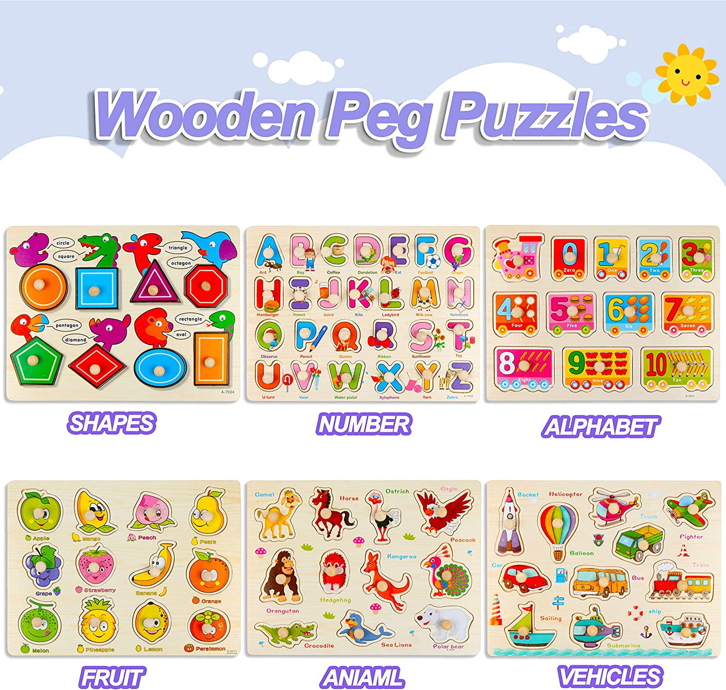6 Pack Wooden Peg Puzzles Set for Toddlers 2 3 4, Preschool Educational Pegged Knob Puzzle Toy Wooden Learning Toys for Baby Boys and Girls Age 2-4