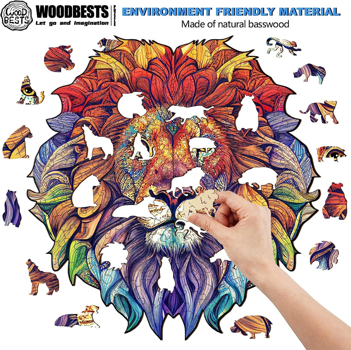 Wooden Puzzle for Adults, Lion Puzzle (L, 14.9"x15.5") Beautiful Wooden Box, Wooden Jigsaw Puzzles Unique Shape, Birthday Gifts for Adults and Kids Family Game