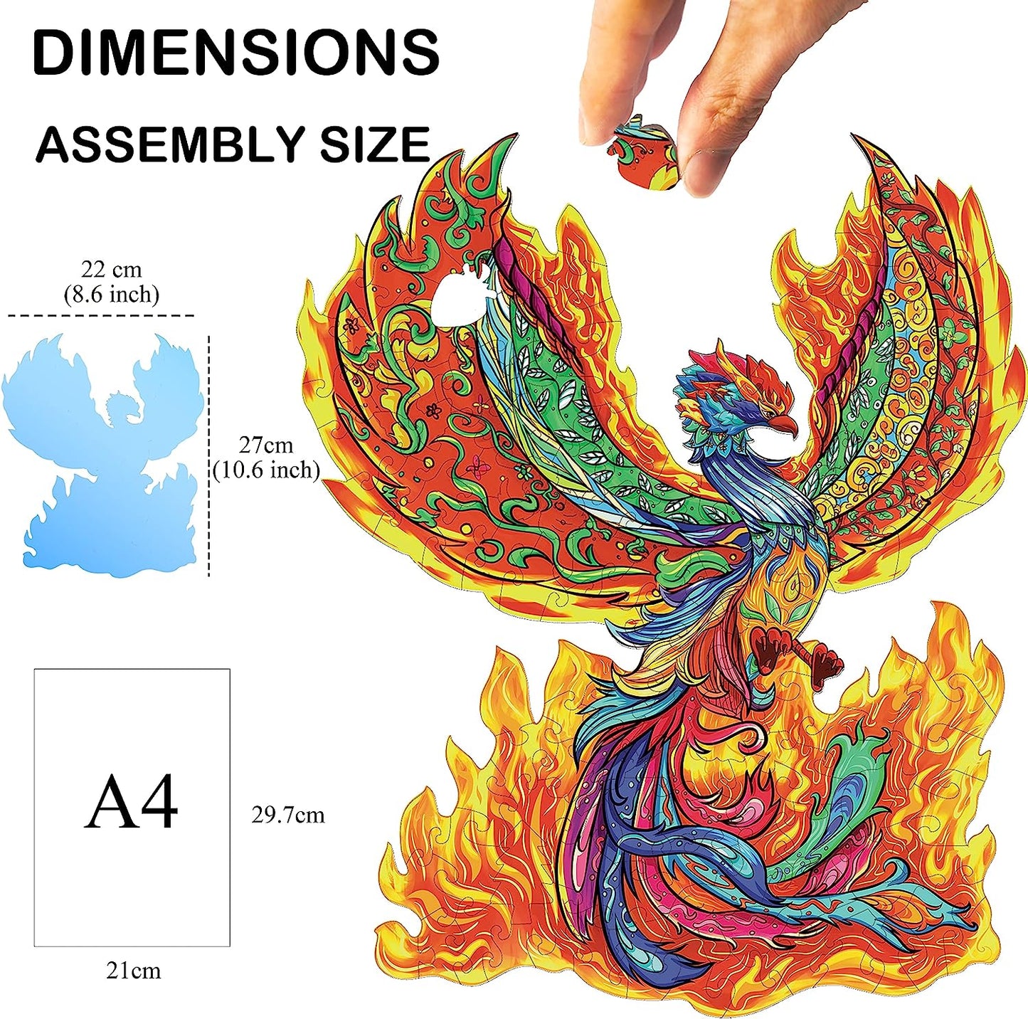 Wooden Puzzles for Adults, Phoenix Puzzle, 10.6'' x 8.6'', 128 Pieces, Gift for Adults, Wood Puzzles Adult, Wood Cut Puzzles, Animal Shaped Puzzles