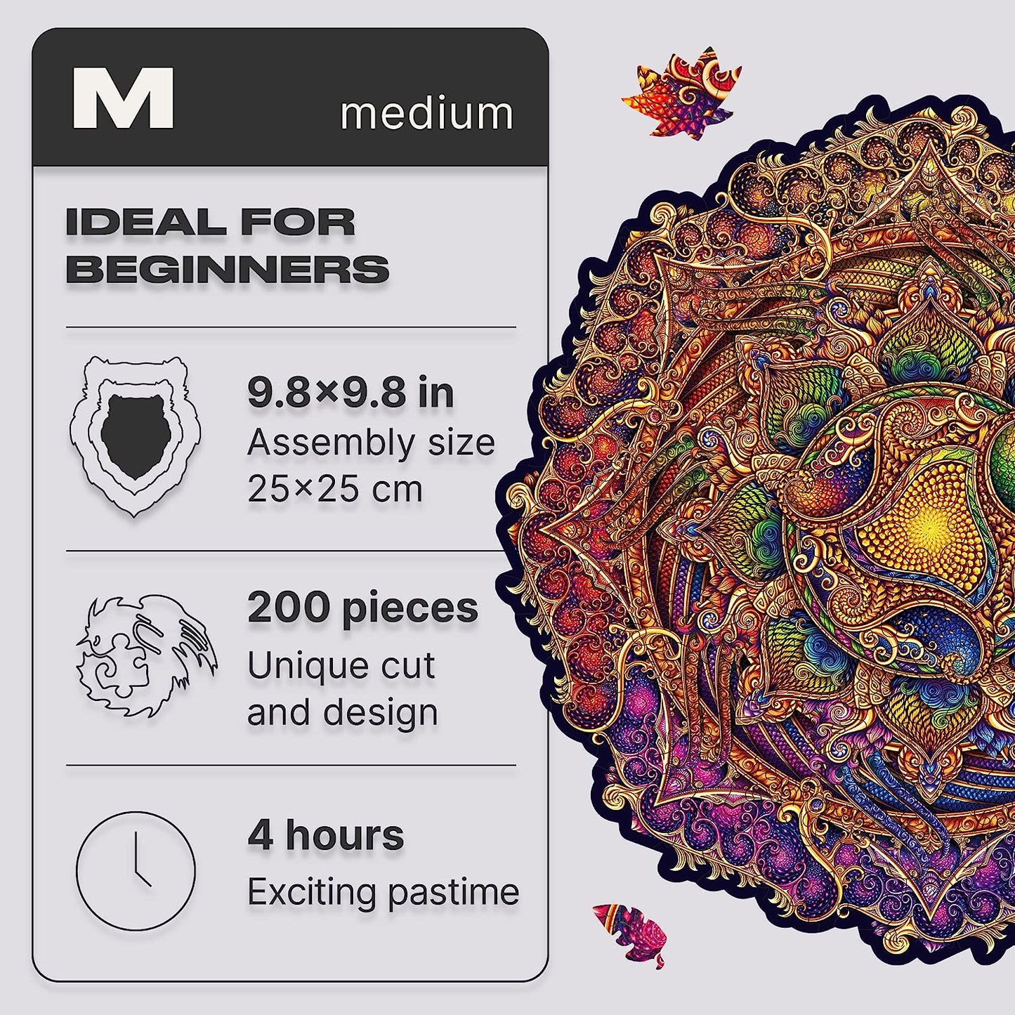 Original Wooden Jigsaw Puzzles - Mandala Inexhaustible Abundance, 200 pcs, Medium 9.8"x9.8", Beautiful Gift Package, Unique Shape Best Gift for Adults and Kids