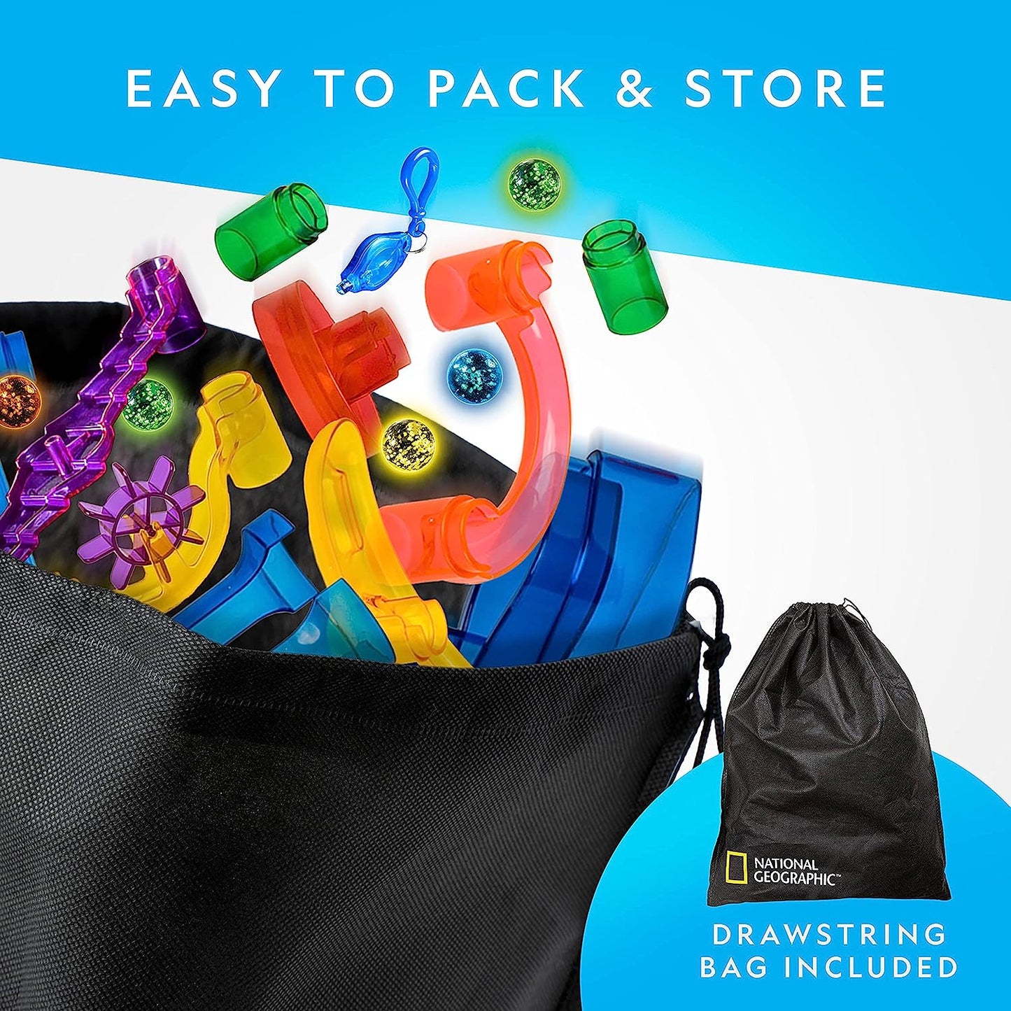 Glowing Marble Run – 80 Piece Construction Set with 15 Glow in the Dark Glass Marbles & Storage Bag, STEM Gifts for Boys and Girls, Building Project Toy (Amazon Exclusive)