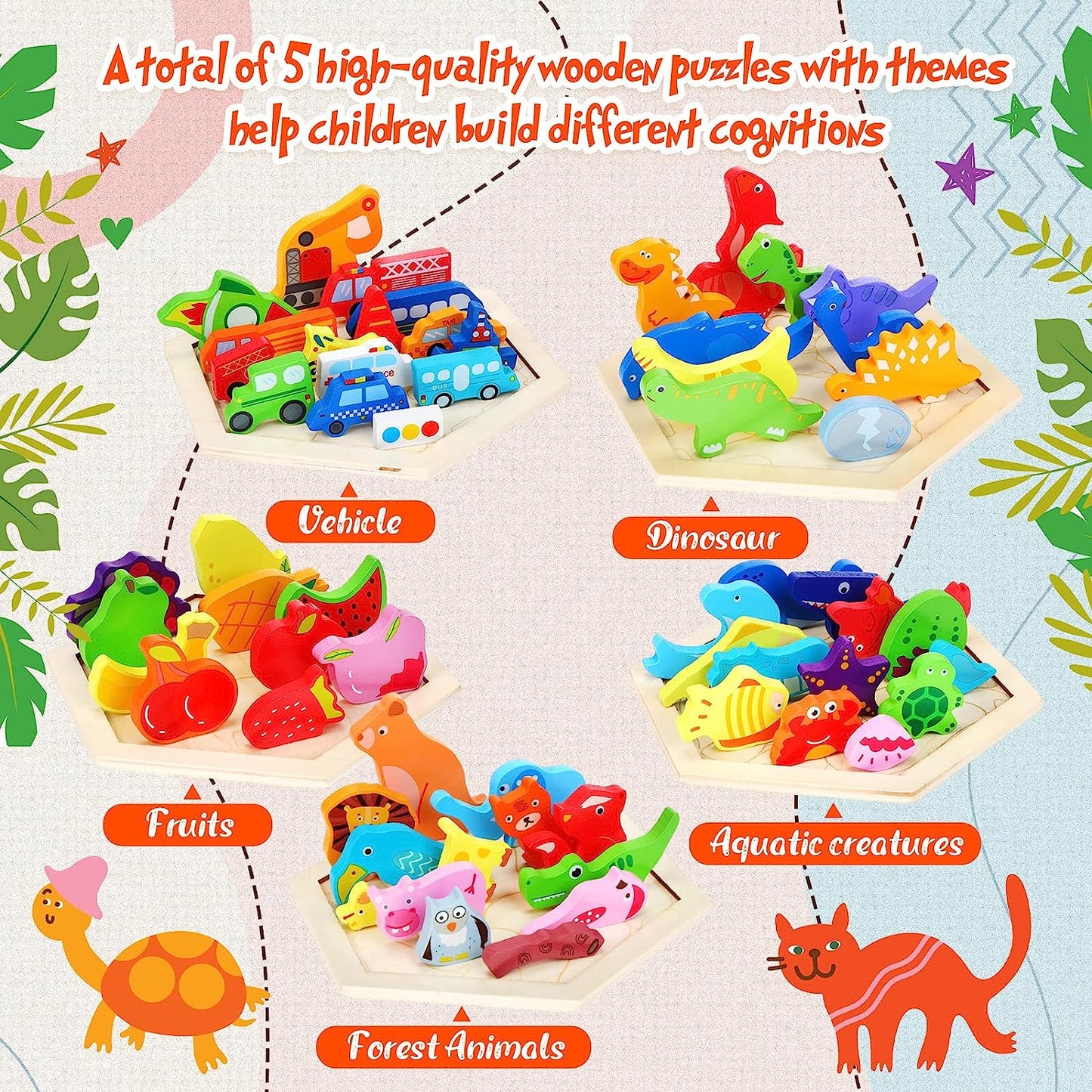 5 Pack Wooden Hexagon Puzzle for Kids, 3D Multi-Theme Dinosaurs, Animals, Fruits Food, Vehicles Puzzles for Boys and Girls, Learning Toy Gifts for Preschoolers