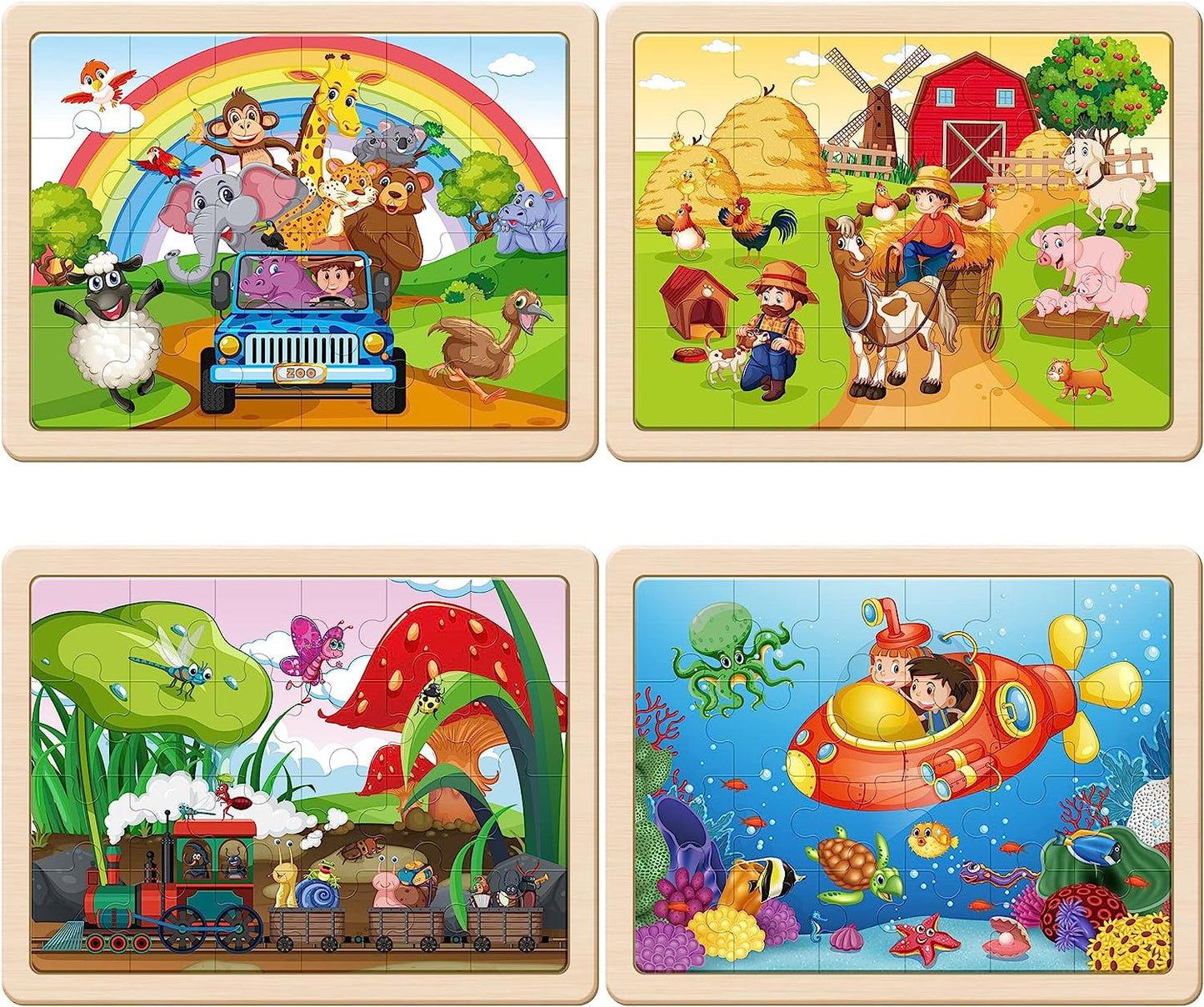Wooden Puzzles for Kids Ages 3-5, 4 Packs 24 PCs Wood Jigsaw Puzzles Preschool Educational Brain Teaser Boards Toys, Zoo Farm Insect Sea Animals, Children Gifts for 3 4 5 6 Year Old Boys Girls