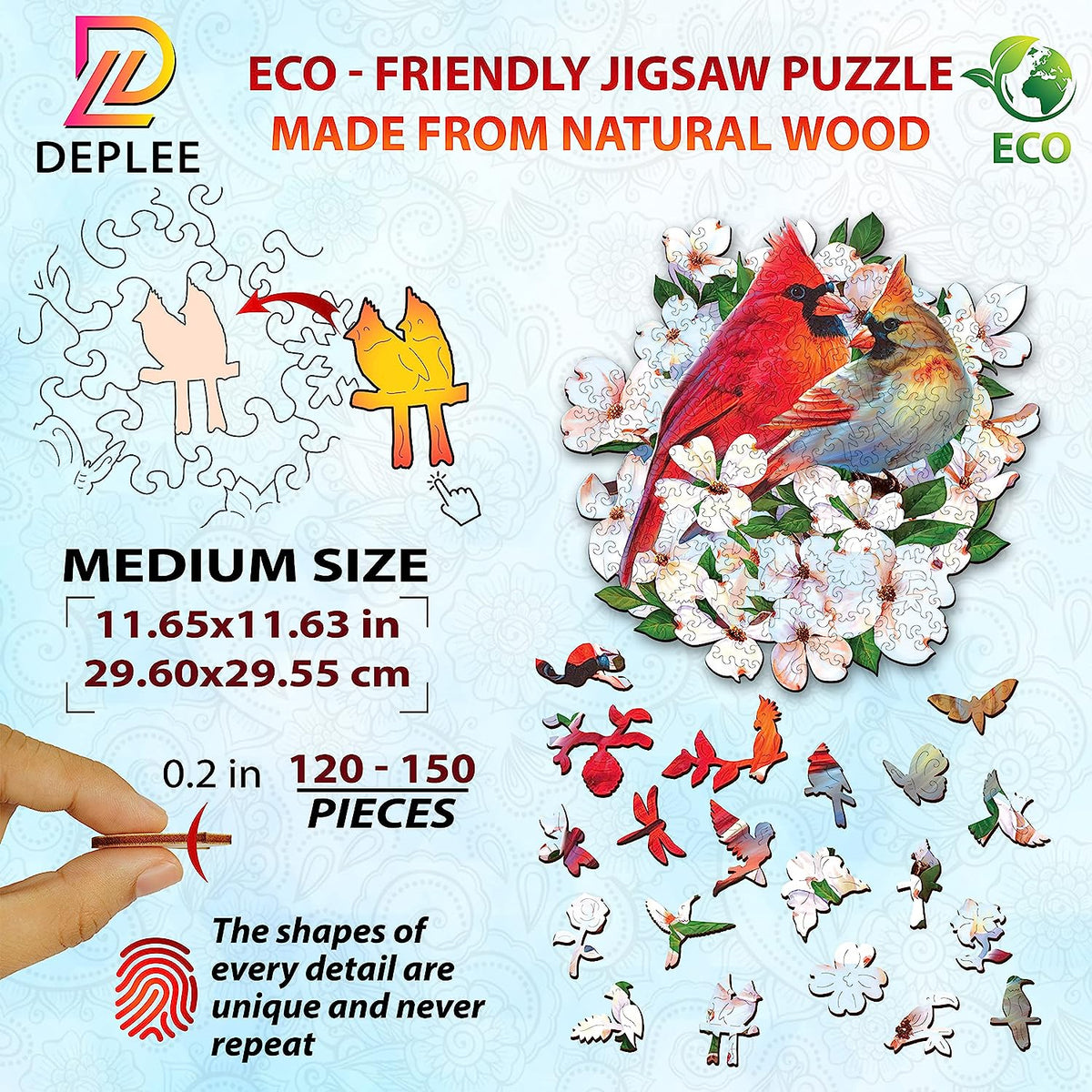 Wooden Puzzles for Adults Cardinal Wooden Jigsaw Puzzles Unique Shape Wooden Animal Puzzle Creative Challenge for Adults, Family, Friend|163 Pcs– 11.64x11.6 in|Medium