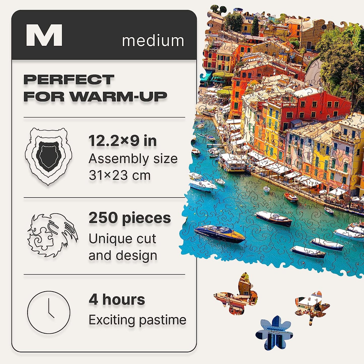 Wooden Jigsaw Puzzles - Nature Italian Riviera, 250 pcs, Medium 12.2"x9", Beautiful Gift Package, Unique Shape Best Gift for Adults and Kids