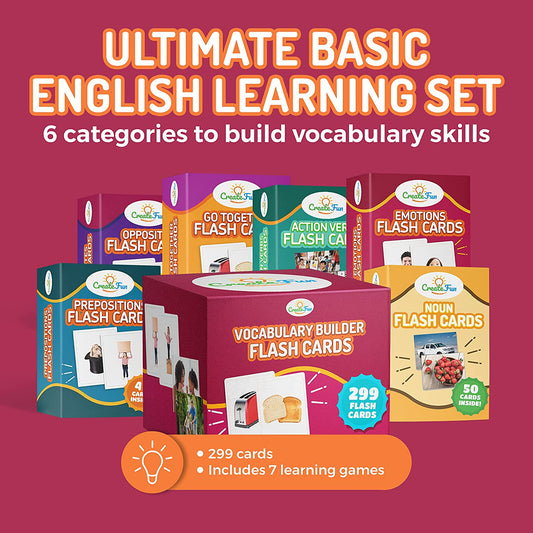 Vocabulary Builder Flash Cards - 299 Educational Photo Cards for Home, Speech Therapy Materials, ESL Teaching Materials - Emotions, Matching Go Togethers, Nouns, Opposites, Prepositions, Verbs