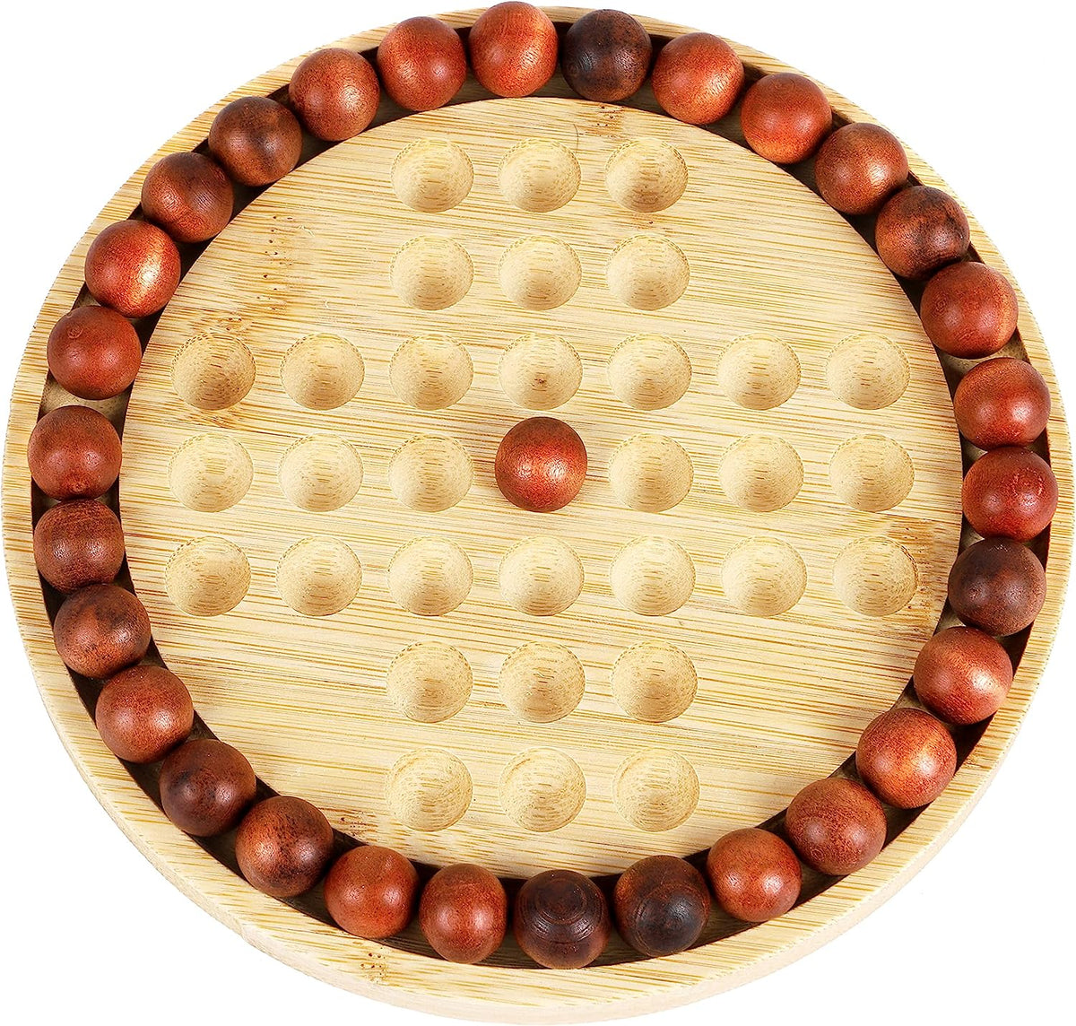 TOWO Wooden Solitaire Game –Peg Solitaire Puzzle Toy - Classic Board Game Marble Chess Mind Game 21 CM 8.3” Round Board with Wooden Balls One Player Gameplay Brainteaser Puzzle