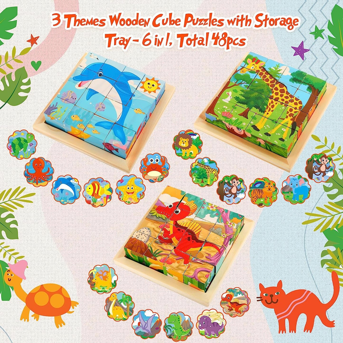3 Packs Wooden Block Puzzles Cube Puzzle with Storage Tray, 6 in 1 Animal Puzzles Puzzle Interactive Learning Toy for Early Education Games Gifts, Ocean, Jungle, Dinosaur Styles