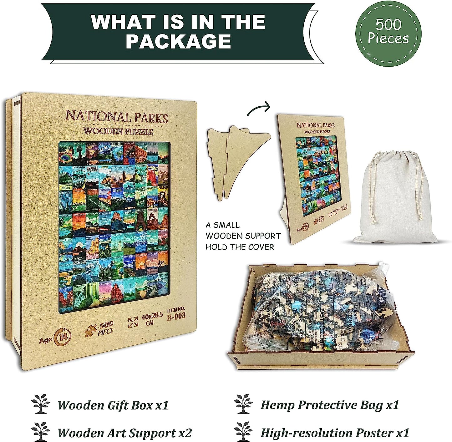 Wooden National Parks Puzzle for Adults 500 Piece, Travel Landscape Puzzles Scenery of Yellowstone Zion Yosemite National Park, Wooden Nature Scenic Jigsaw Puzzles for Adults as National Park Gifts