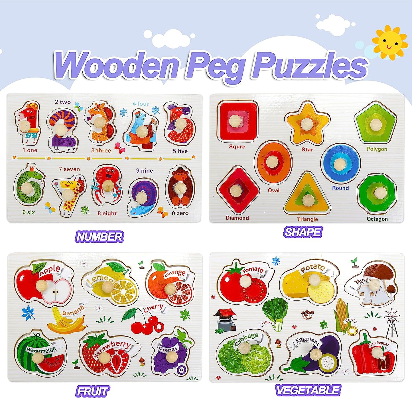 10 Pack Wooden Peg Puzzles Set for Toddlers 2 3 4, Preschool Educational Pegged Knob Puzzle Toy Wooden Learning Toys for Baby Boys and Girls Age 2-4
