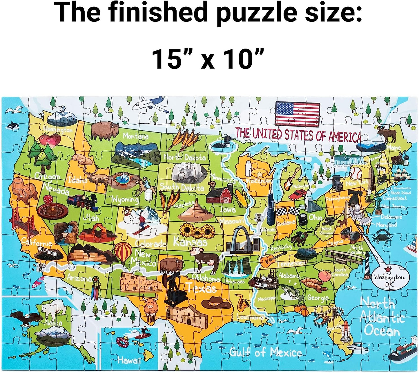 USA Map Wooden Jigsaw Puzzle 152 Piece, 15x10 inches