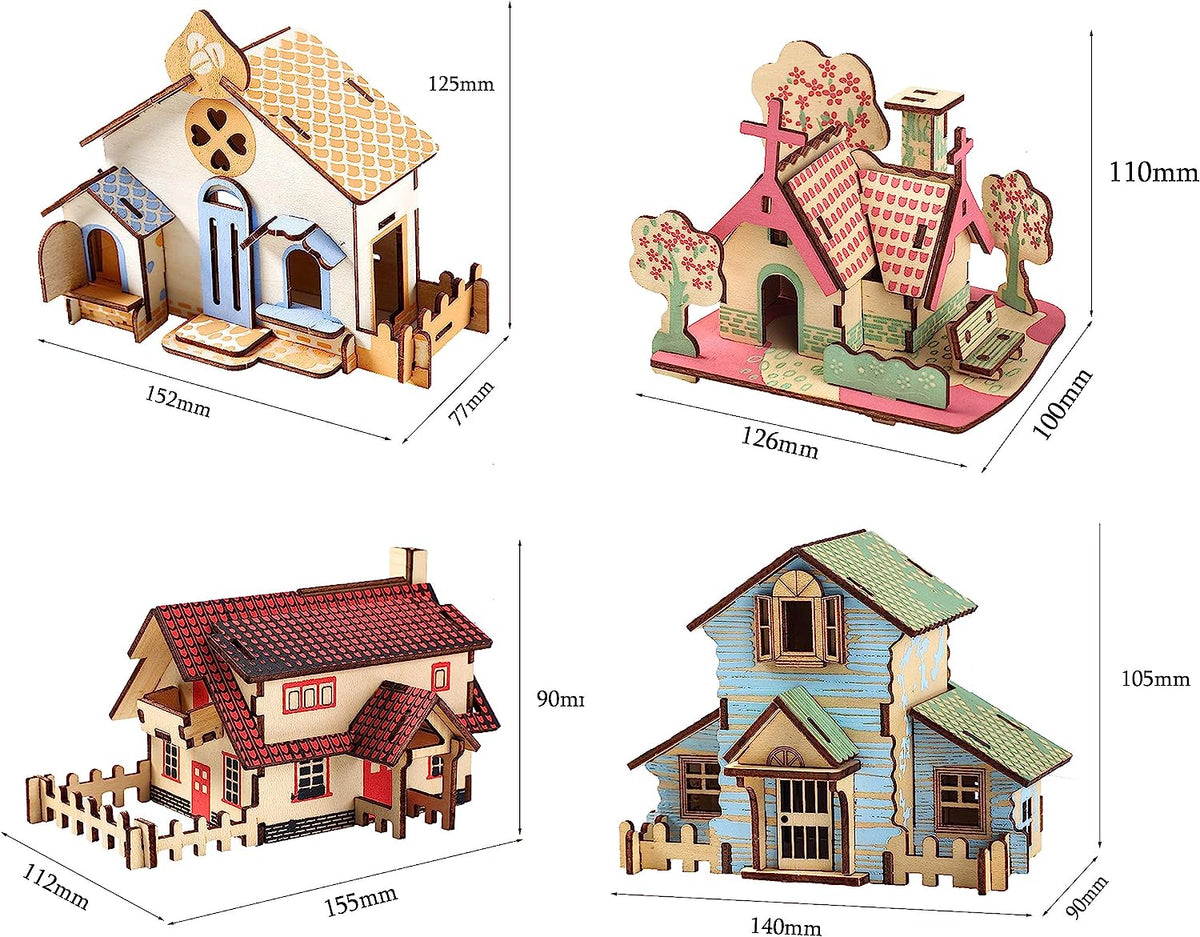 Three-Dimensional Puzzle Toys – 3D DIY Log Cabin Model Creative - Wooden Model Brain Teaser Games Stunning Gifts for Adults and Teens(A Set of 4)