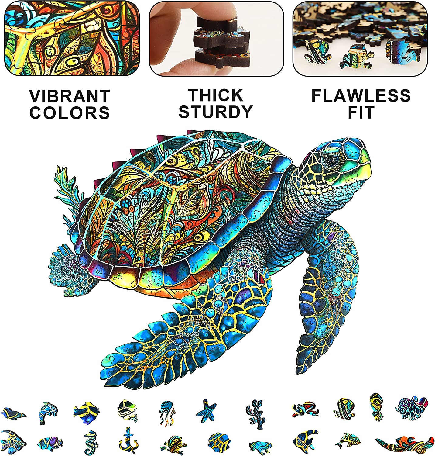 Wooden Jigsaw Puzzle, Sea Turtle 200 Pcs Unique Shape, Medium Size 9.2''x11.2'' Letter, Wood Gift Box Packing, Creative Gift for Adults and Kids, Fun Challenging Family Game