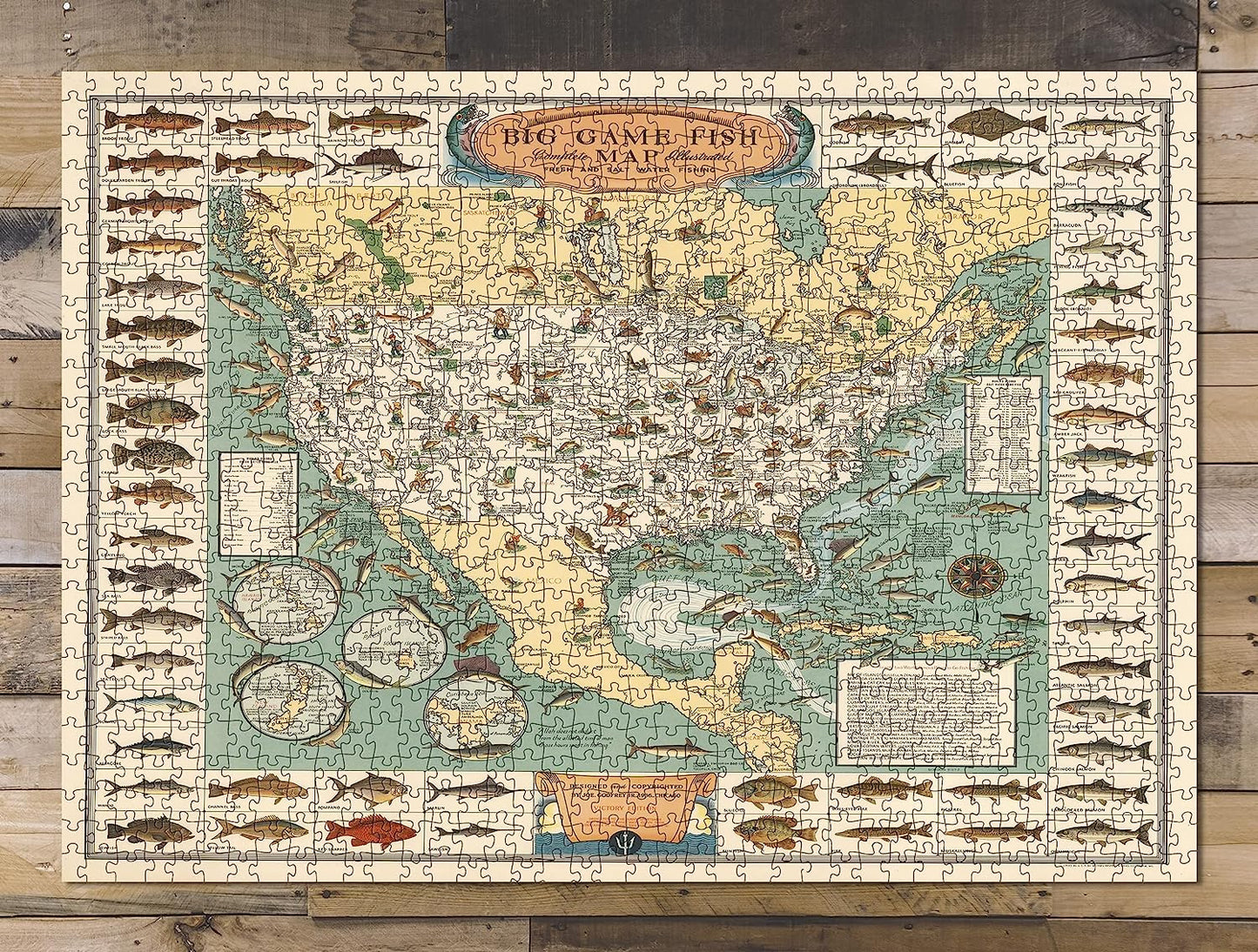 1000 Piece Jigsaw Puzzle for Adults | 1936 | Big Game Fish | Jigsaw Puzzle Game for Adults | Fishing map Puzzle