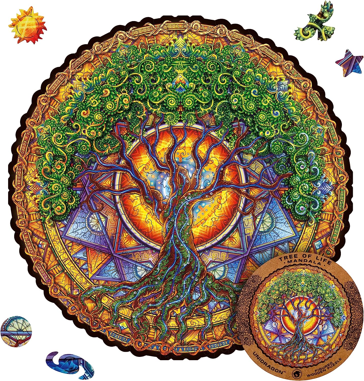 Original Wooden Jigsaw Puzzles - Mandala Tree of Life, 200 pcs, Medium 9.8"x9.8", Beautiful Gift Package, Unique Shape Best Gift for Adults and Kids