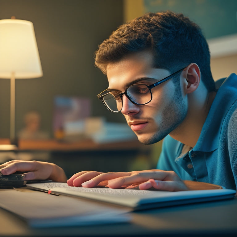 An illustration of a student sitting in front of a laptop, surrounded by math textbooks and papers, with a calm and focused expression, and a tutor's face visible on the laptop screen.
