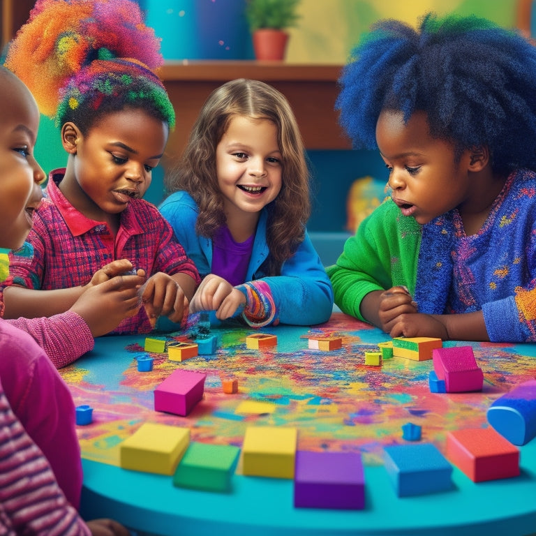 A colorful illustration of a group of diverse kids (ages 6-10) gathered around a table, surrounded by number-filled puzzles, blocks, and board games, with bright, swirling patterns and confetti in the background.