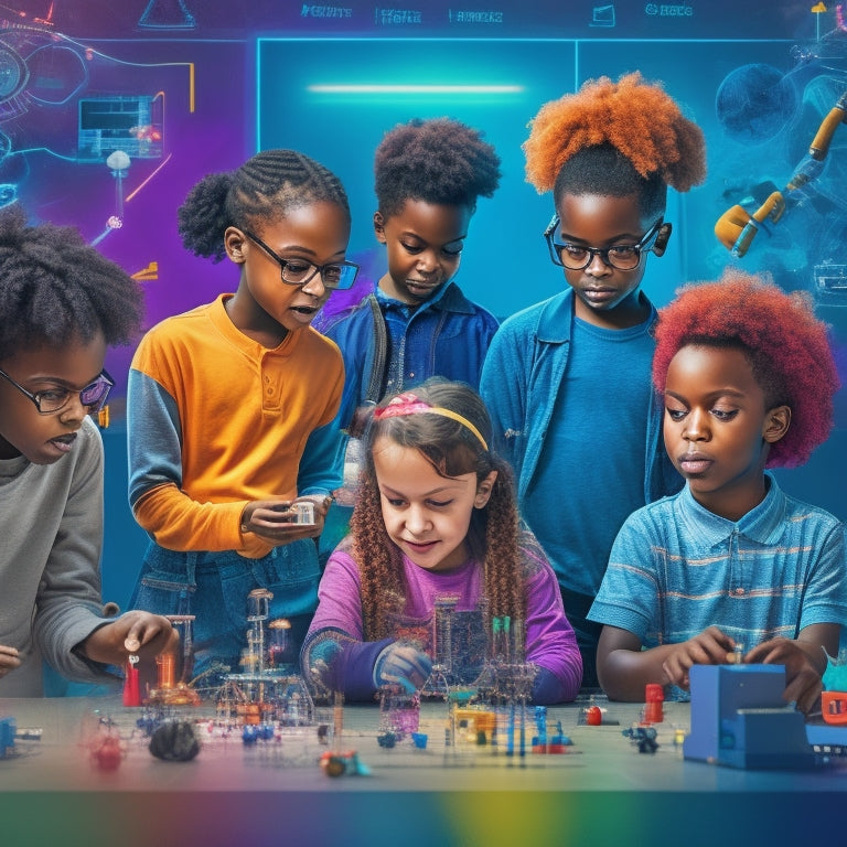 A colorful illustration of a diverse group of children aged 6-12, surrounded by digital devices, robots, and science equipment, engaging in math and science activities with bright, swirling shapes and formulas in the background.