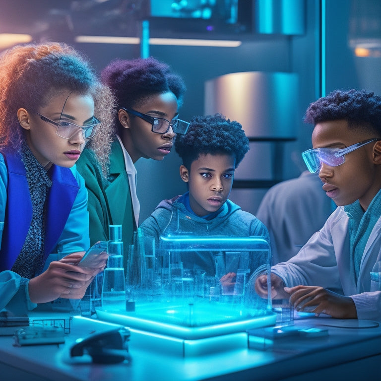 Illustrate a vibrant, futuristic laboratory scene with diverse students of different ages and abilities, surrounded by holographic screens, robotics, and microscopes, collaborating and sharing ideas.