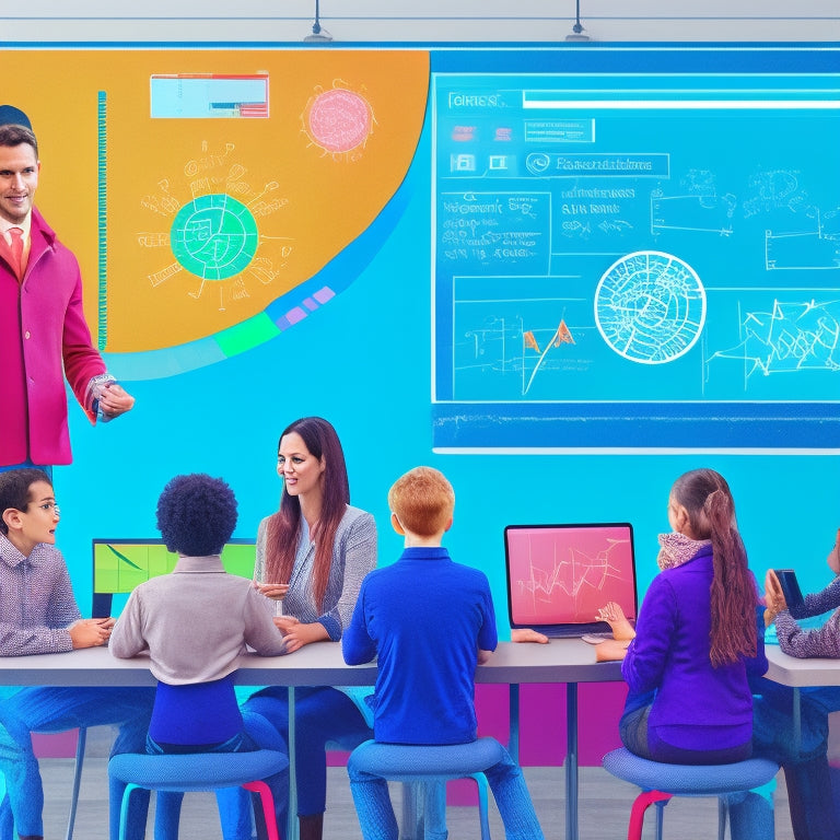 A colorful illustration of a teacher standing in front of a digital whiteboard, surrounded by diverse students engaged with laptops and tablets, with math-related icons and graphs floating around them.