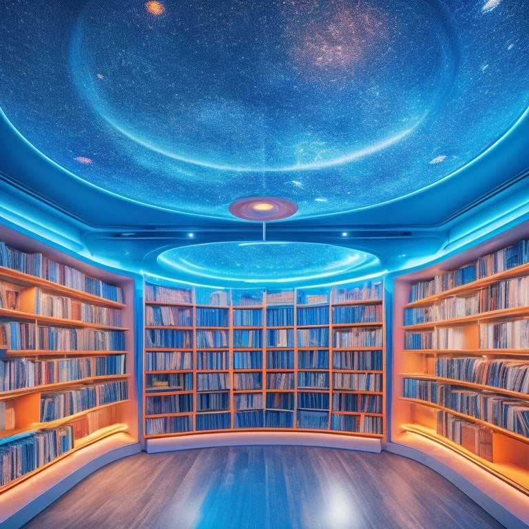 A vibrant, futuristic library with glowing shelves, holographic book covers, and a vast, starry night sky visible through the ceiling, surrounded by cozy reading nooks and virtual reality headsets.