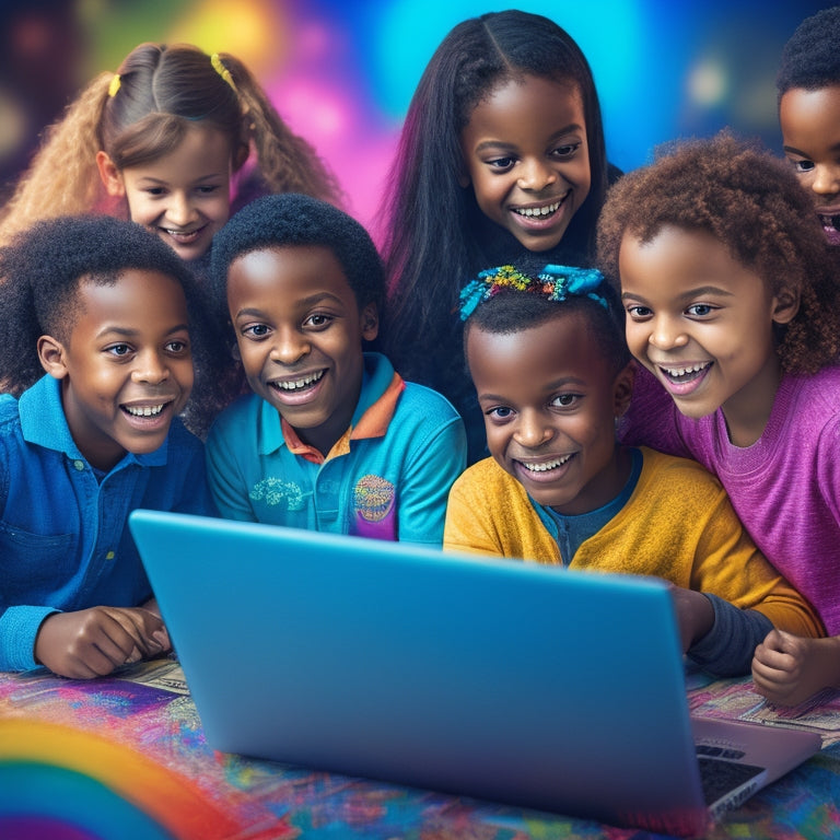 A colorful illustration of a smiling, diverse group of children aged 6-12 surrounding a large, glowing laptop, with math problems and formulas swirling around them in a fun, whimsical way.