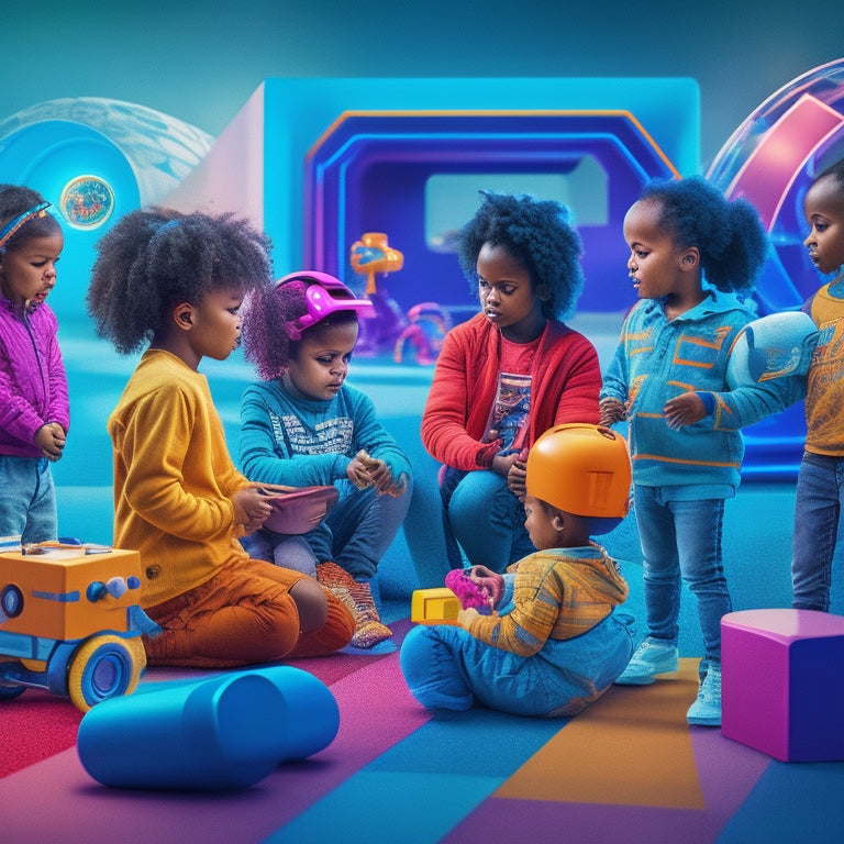 A colorful illustration of diverse young children gathered around a futuristic, glowing math-themed playground, surrounded by interactive blocks, robots, and virtual reality headsets.